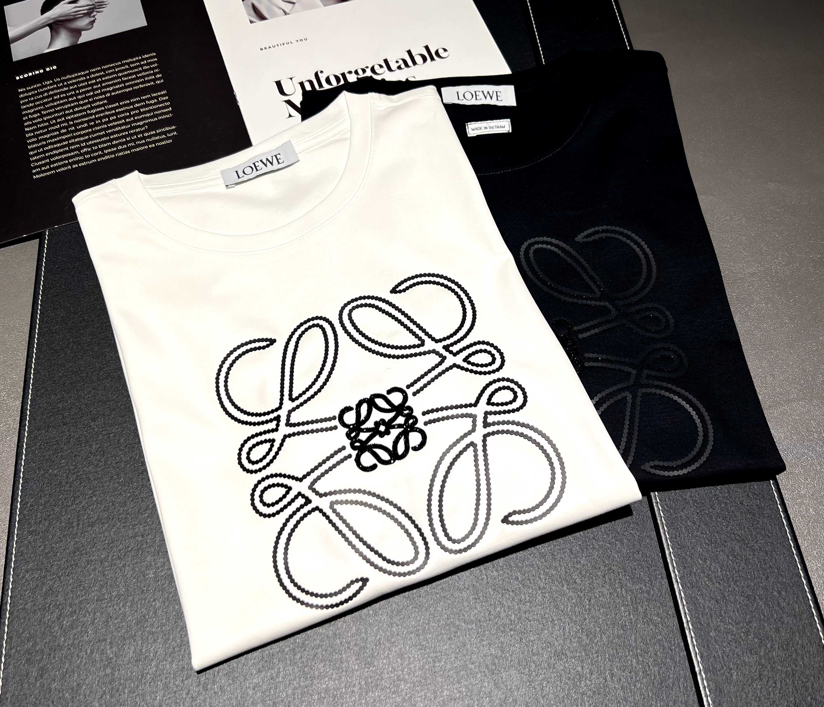 Camiseta de manga corta de algodón mercerizado de primavera/verano 2026, 200 g, logo: LOEWE, técnica: silicona con pedr…