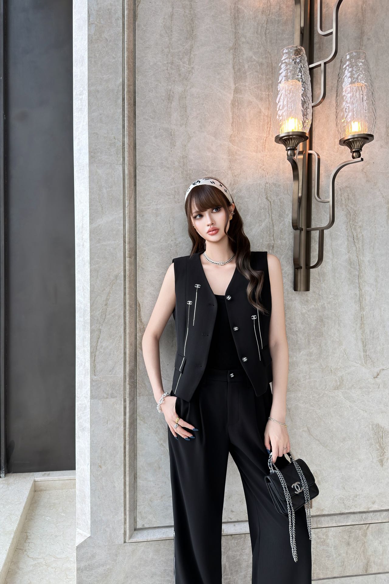 chanel v neck vest wide leg pants set