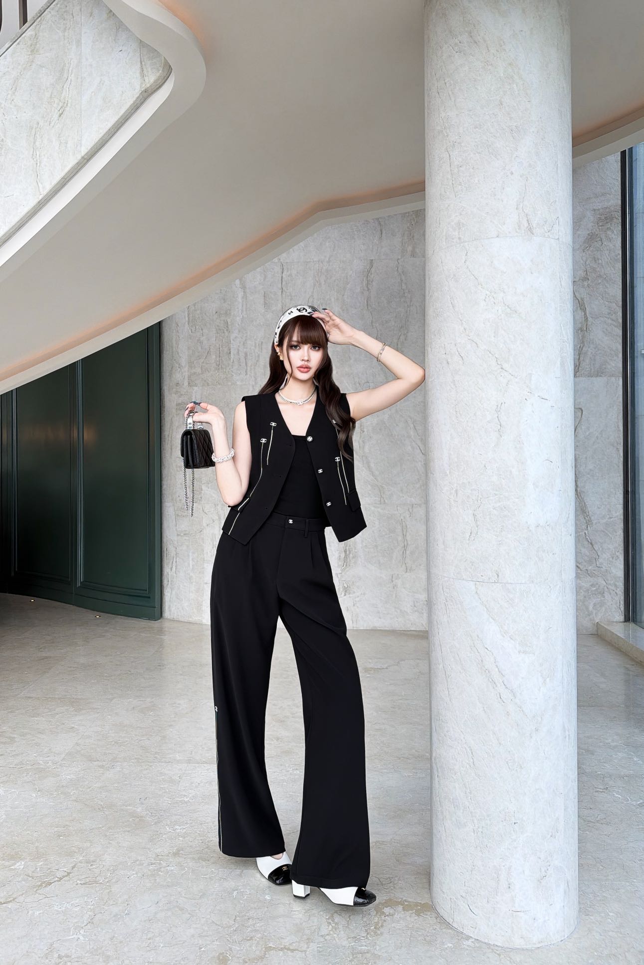 chanel v neck vest wide leg pants set