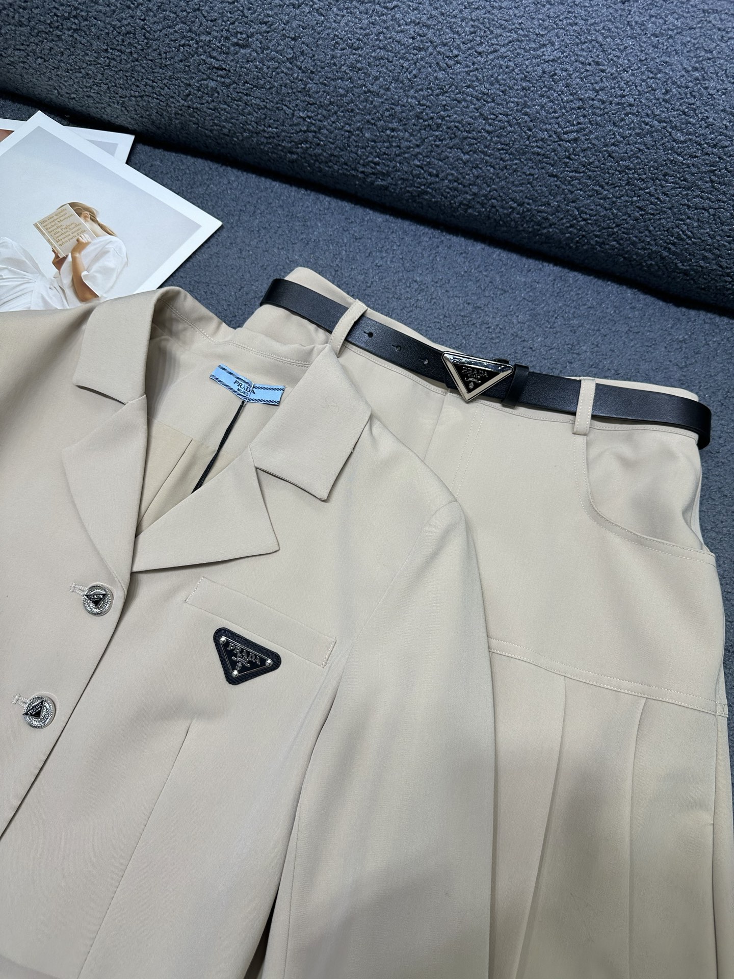 Prada Black Cropped Blazer and Pleated Skirt Set
