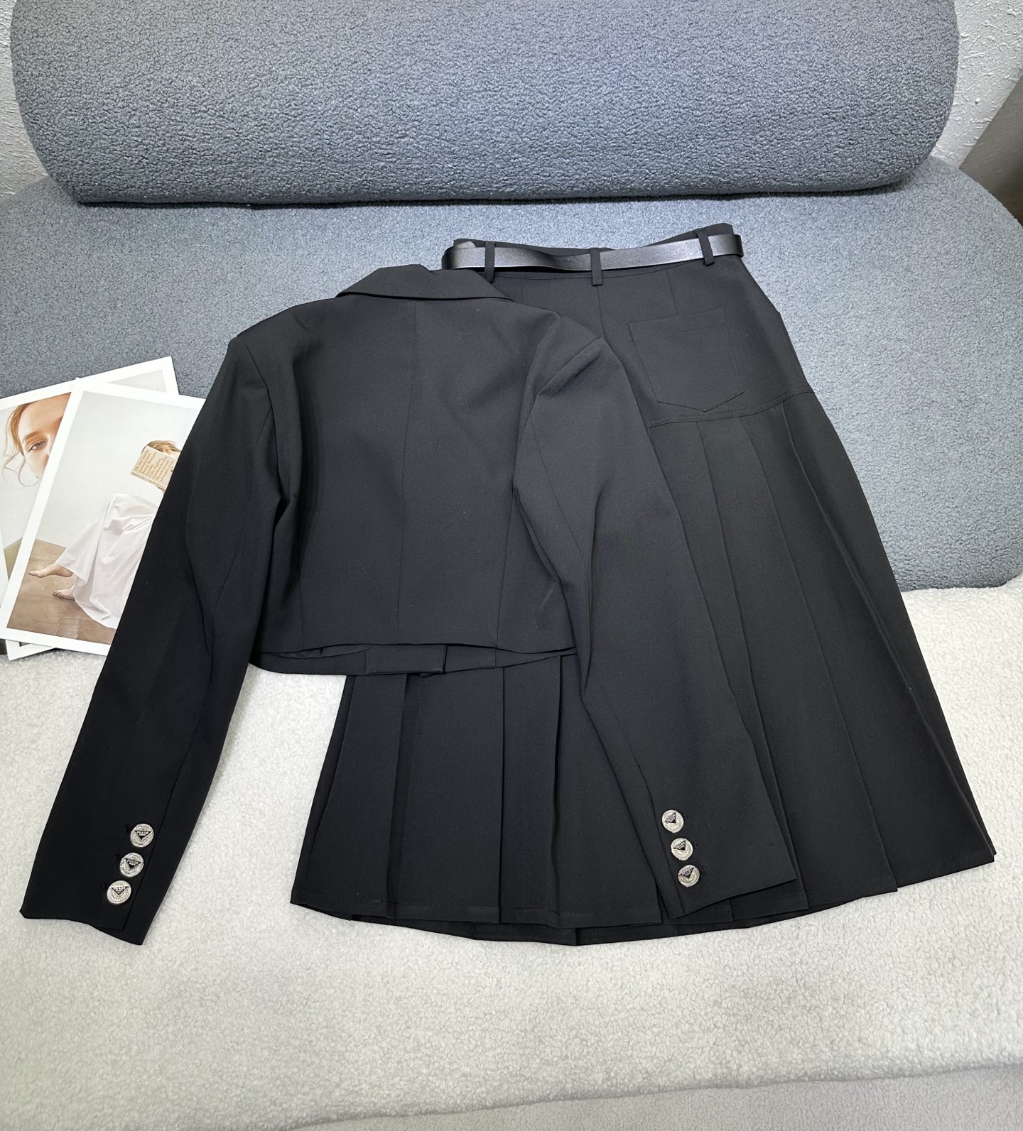 Prada Black Cropped Blazer and Pleated Skirt Set