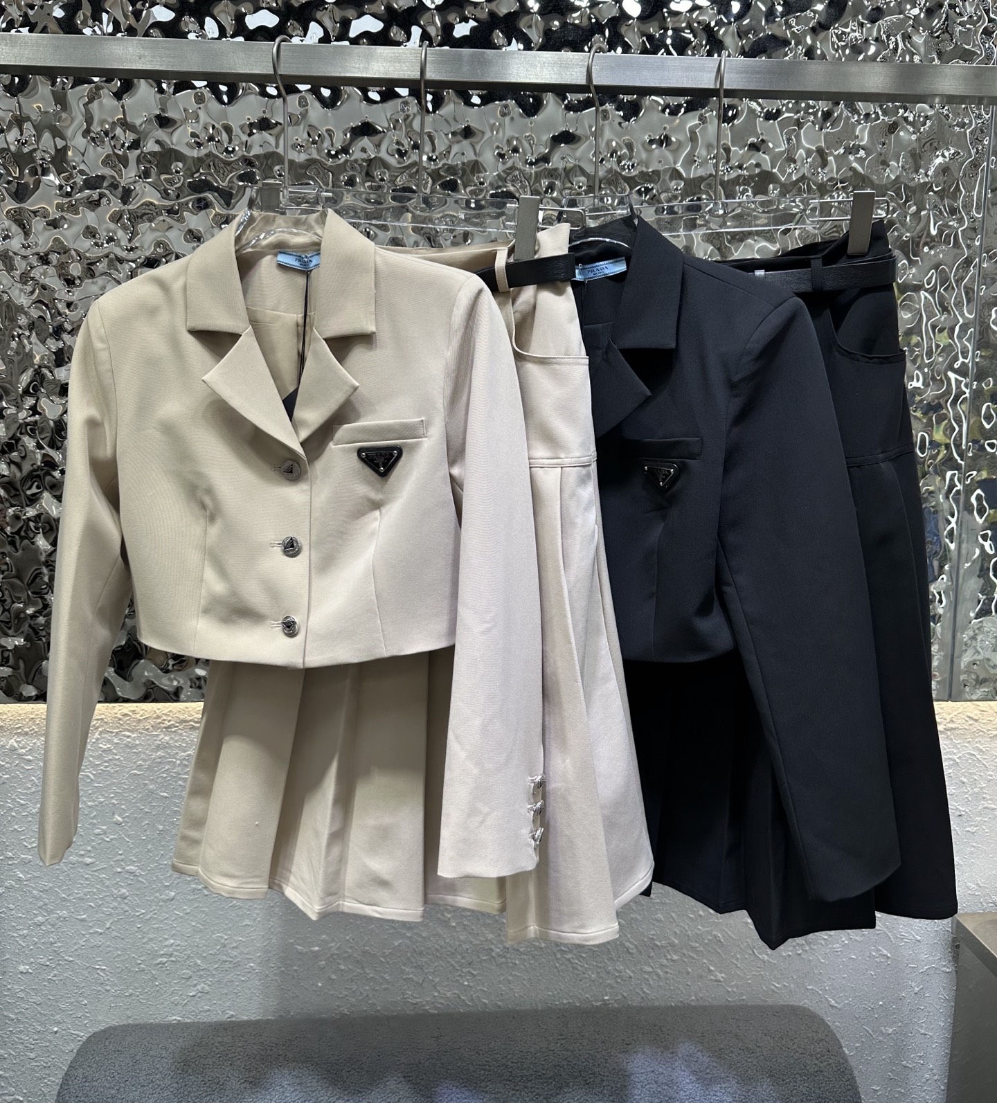 Prada Black Cropped Blazer and Pleated Skirt Set