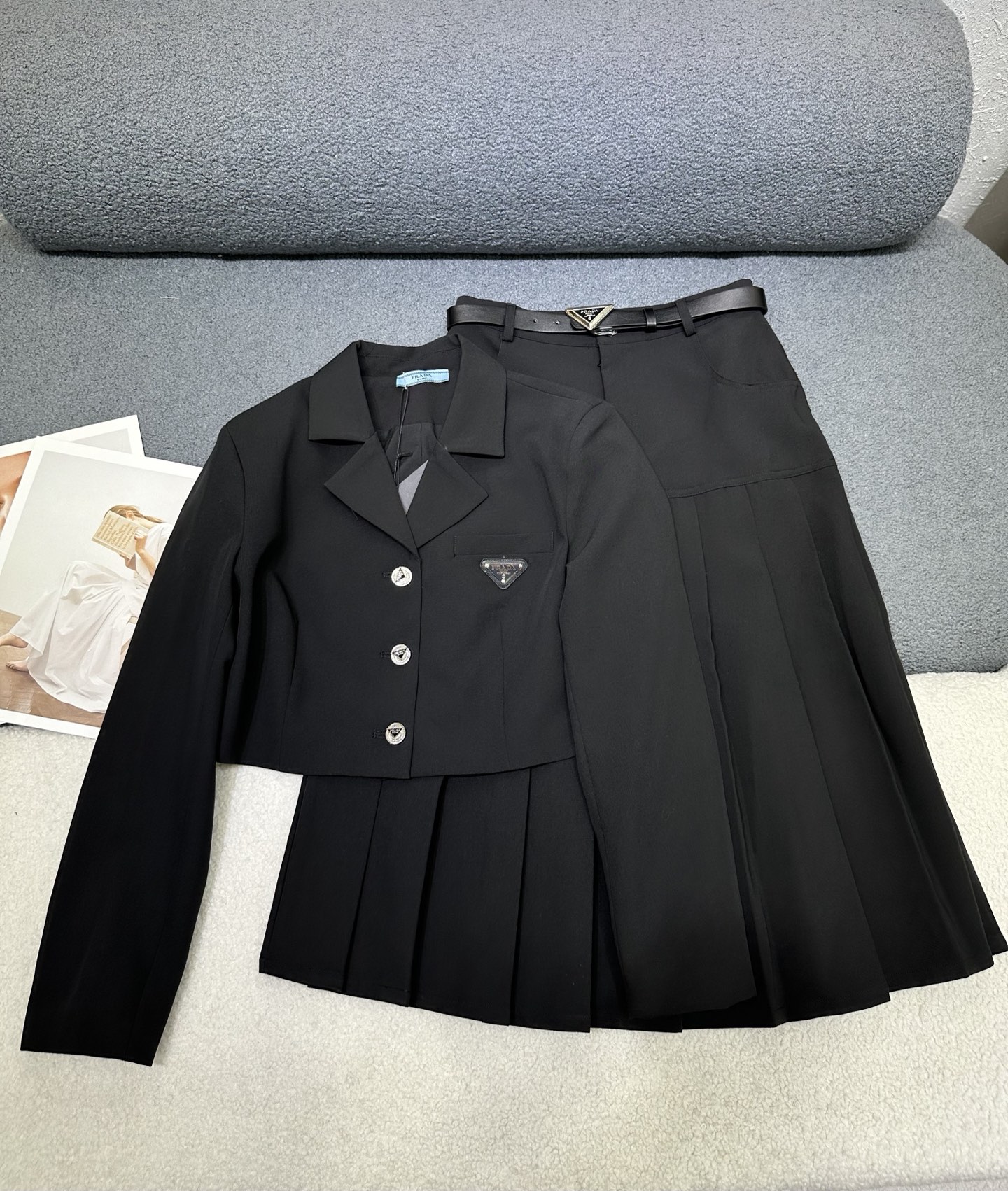 Prada Black Cropped Blazer and Pleated Skirt Set