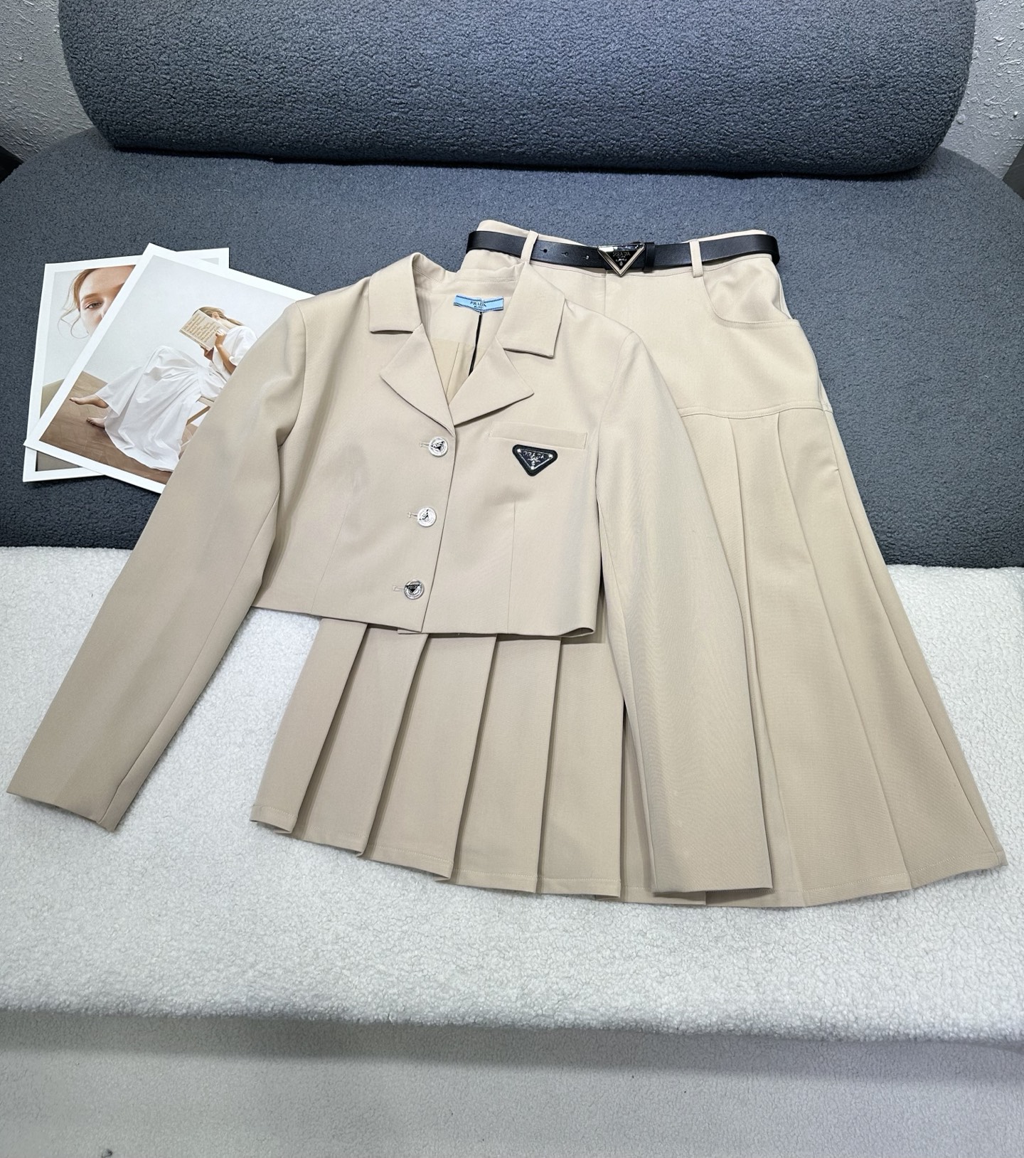 Prada Black Cropped Blazer and Pleated Skirt Set