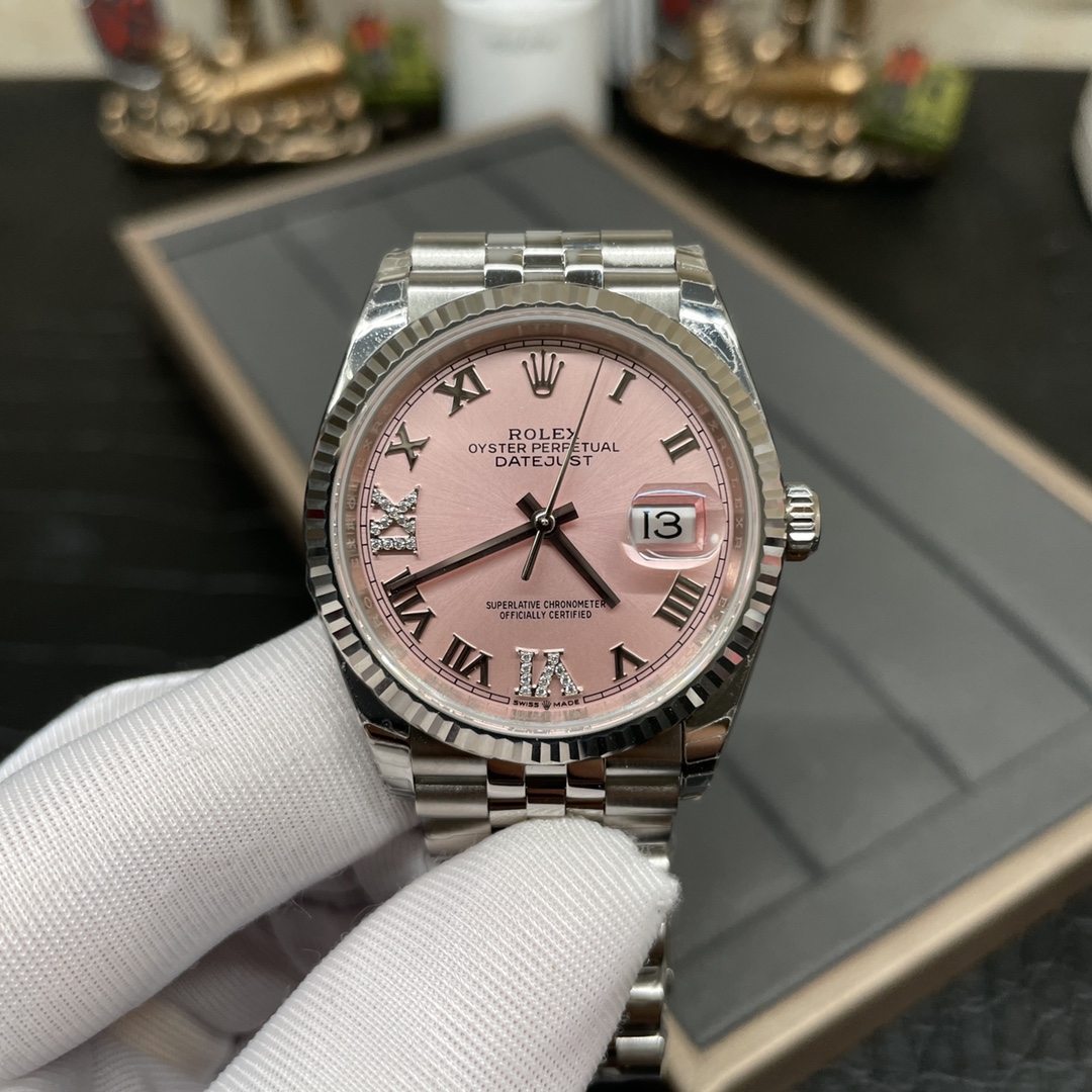 Rolex 日志 女装 36mm 罗马刻度粉盘