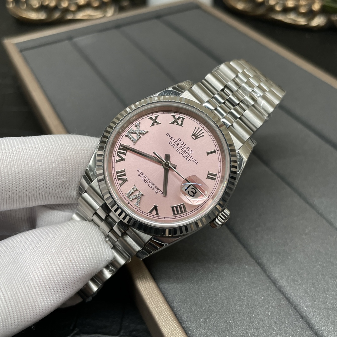 Rolex 日志 女装 36mm 罗马刻度粉盘