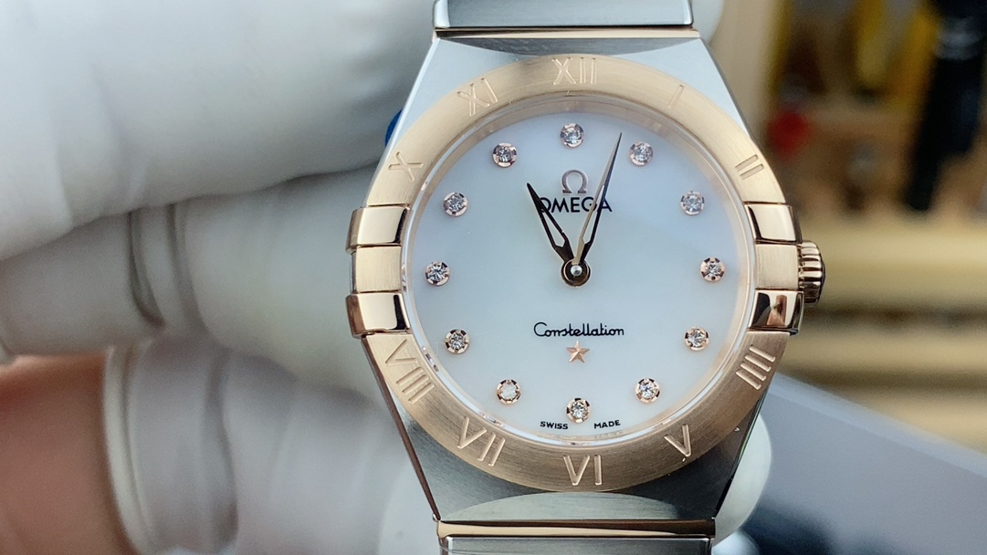 Omega 27mm贝母面间玫瑰金女星座