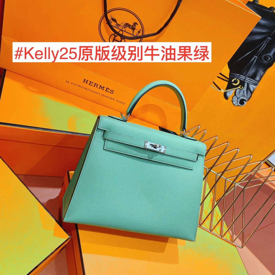 هيرميس Hermes Kelly حقيبة حقيبة يد حقيبة الكتف &حقيبة كروس بودي غرين الأجهزة الفضية ابسوم