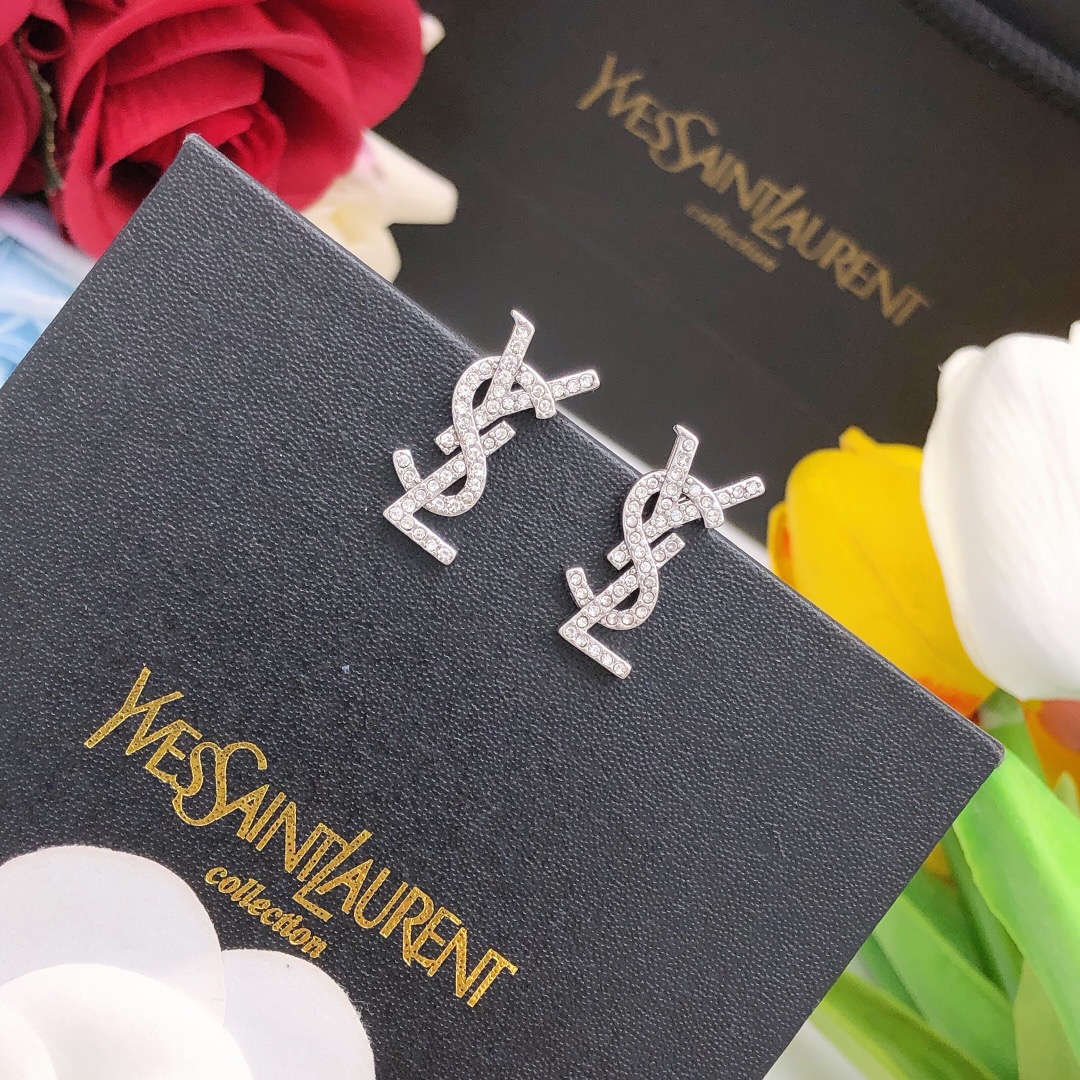 Saint Laurent YSL Monogram earrings silver-toned metal with clear crystal accents 1 5cm stud length