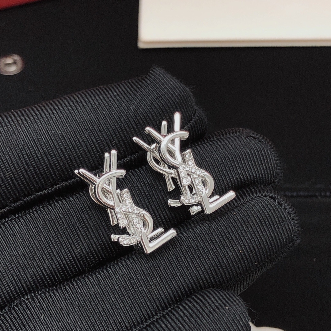 Saint Laurent YED0069 Cassandre Monogram earrings silver-toned metal with clear pave crystals 1 5cm stud length