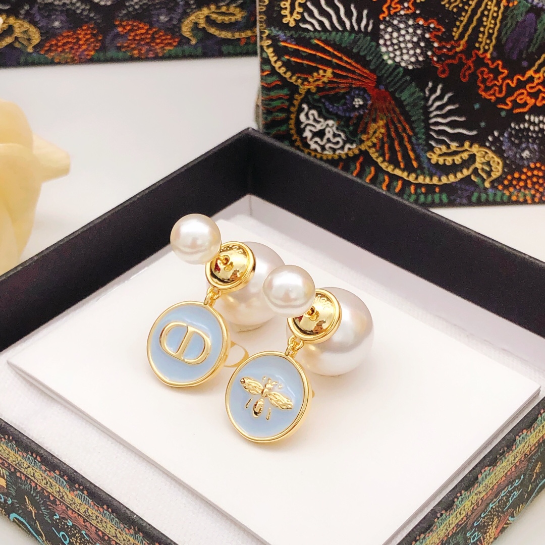 编号DED0246
 【dio*最新款🆕🆕大小珍珠圆形滴油蓝色】一致专柜🆕黄铜材质