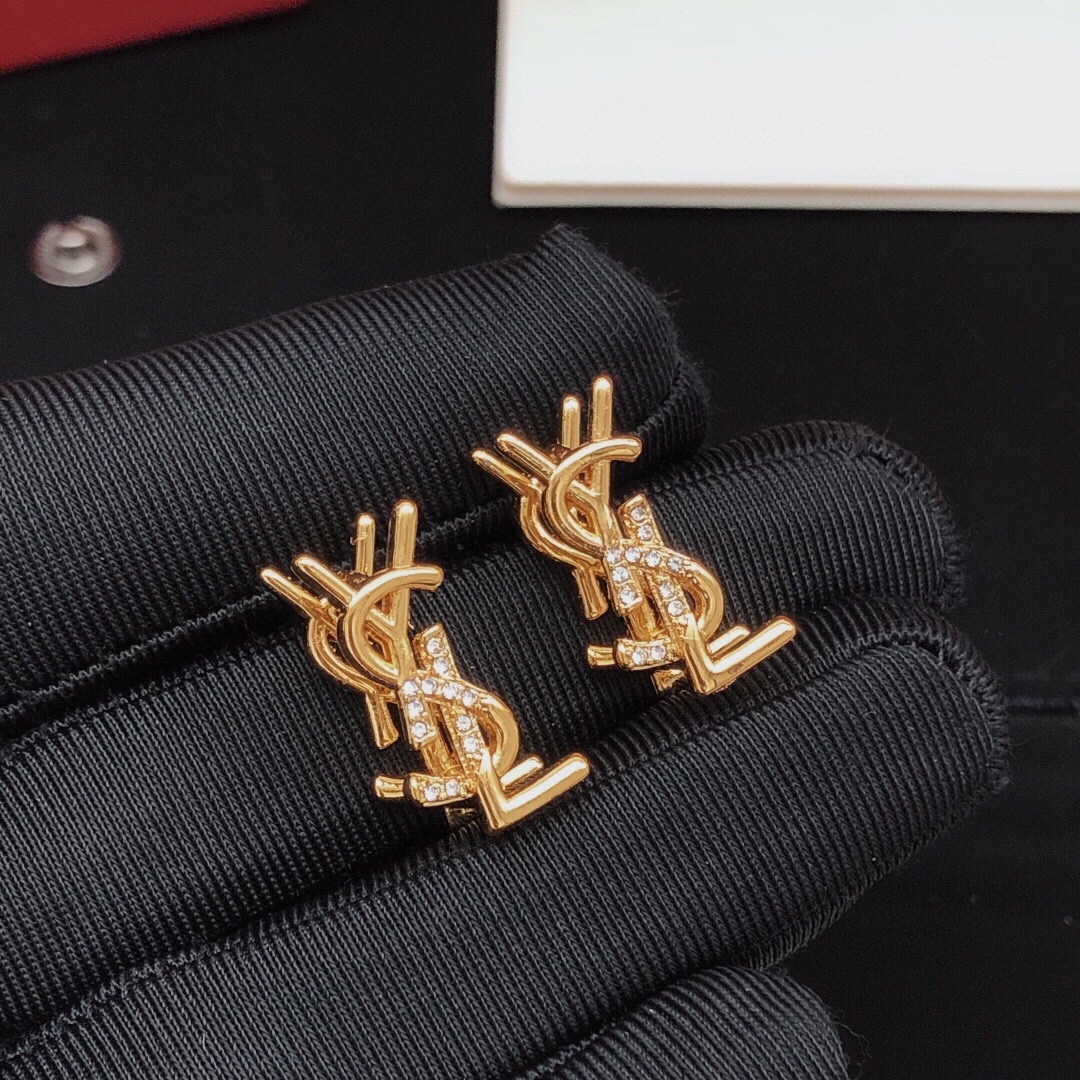 Saint Laurent YED0070 Cassandre Monogram earrings gold-tone metal with clear crystal accents 1 5cm stud length