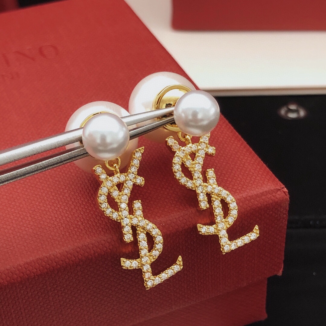 Saint Laurent Cassandre Pearl Logo Drop Earrings earrings Gold-tone metal white pearls clear pave crystals One Size drop length 2cm