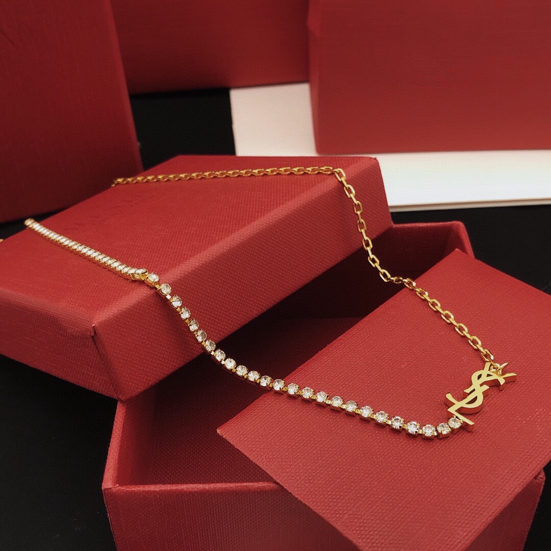 Saint Laurent Cassandre Crystal Chain necklace gold-tone metal with clear crystal accents 40cm with 5cm extender