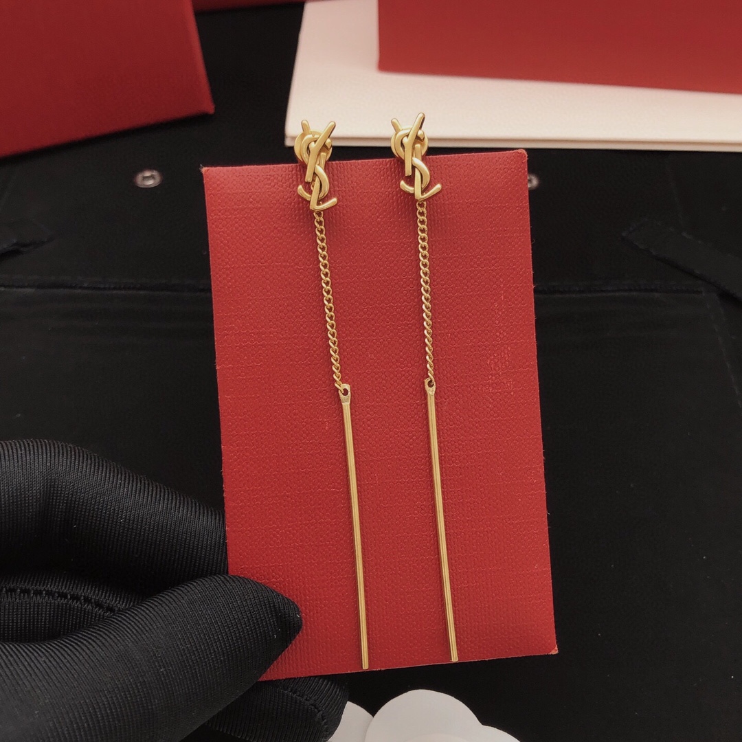 Saint Laurent Cassandre Long Chain Drop Earrings earrings antique gold tone metal no gemstones 6 5cm total drop length