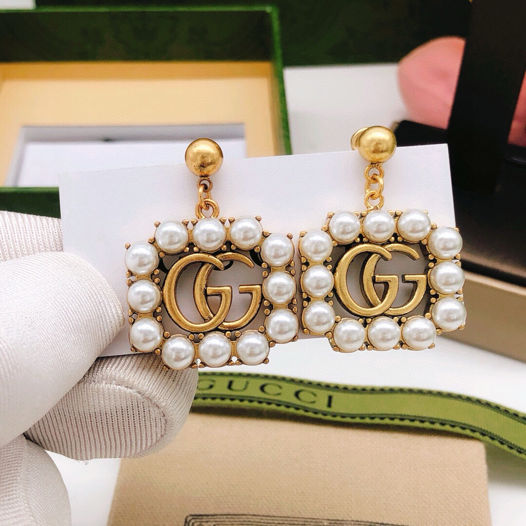 Gucci gucci古驰流苏方块耳钉米珠