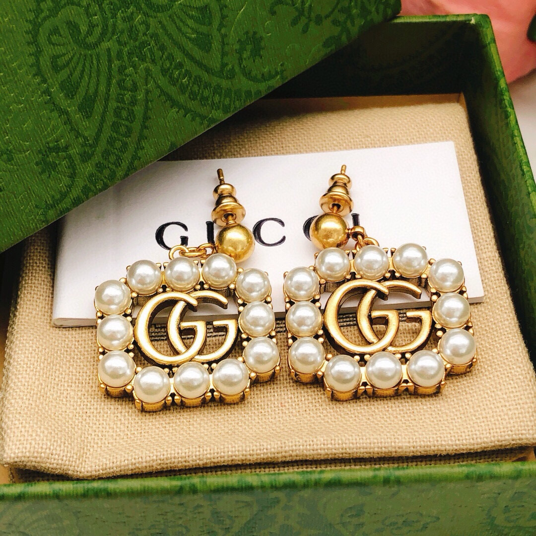 Gucci gucci古驰流苏方块耳钉米珠