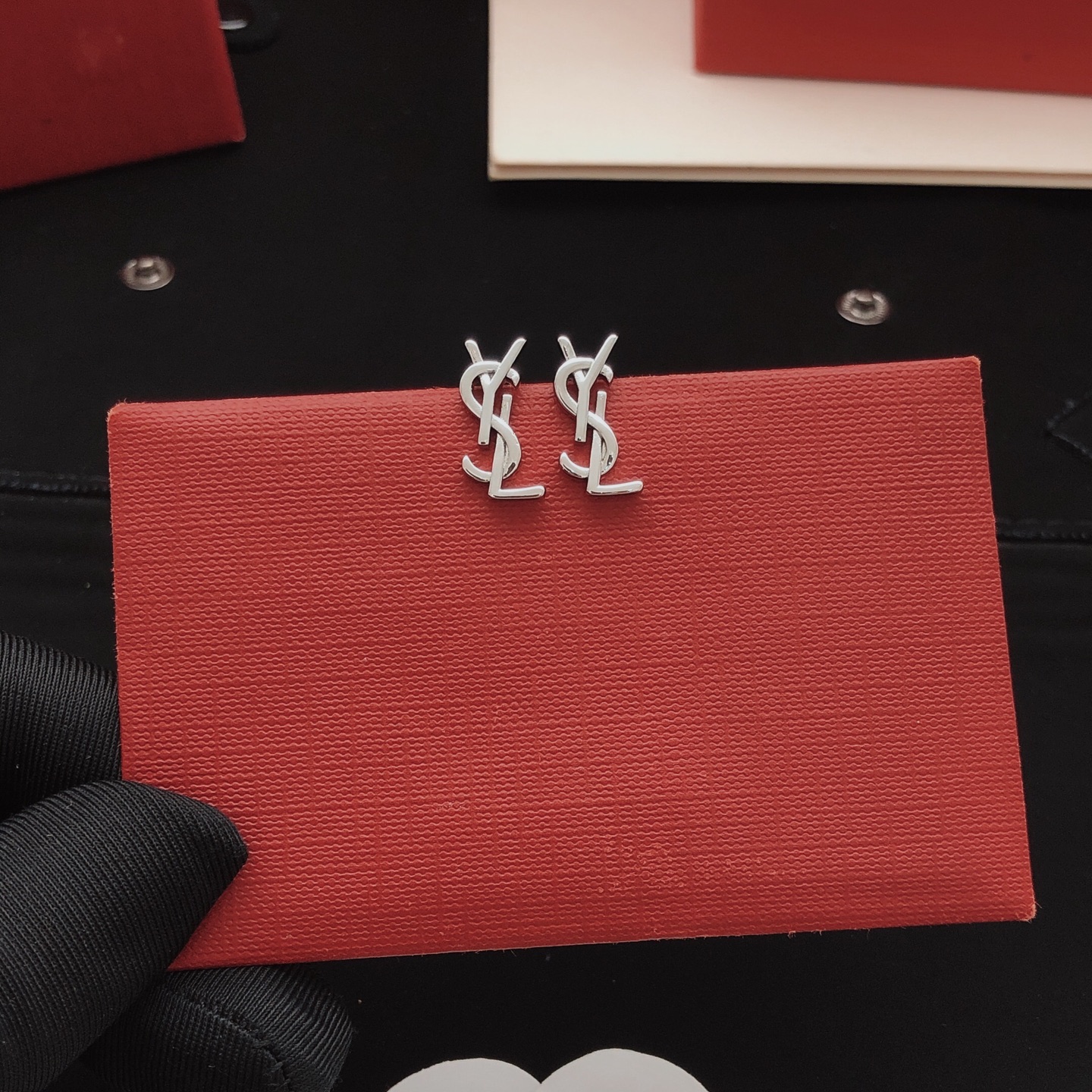 Saint Laurent YED0086 Cassandre Monogram Stud Earrings earrings silver-toned metal no accent stones 1 5cm stud length