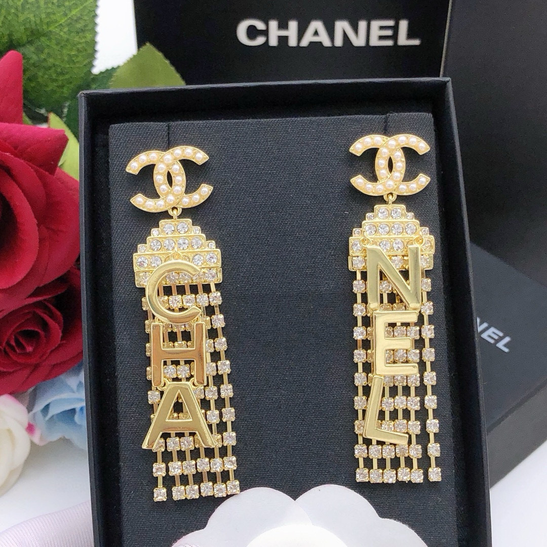 Chanel CHA-NEL Letter Crystal Fringe Drop Earrings earrings gold-tone metal white faux pearl clear crystal 6 5cm drop length