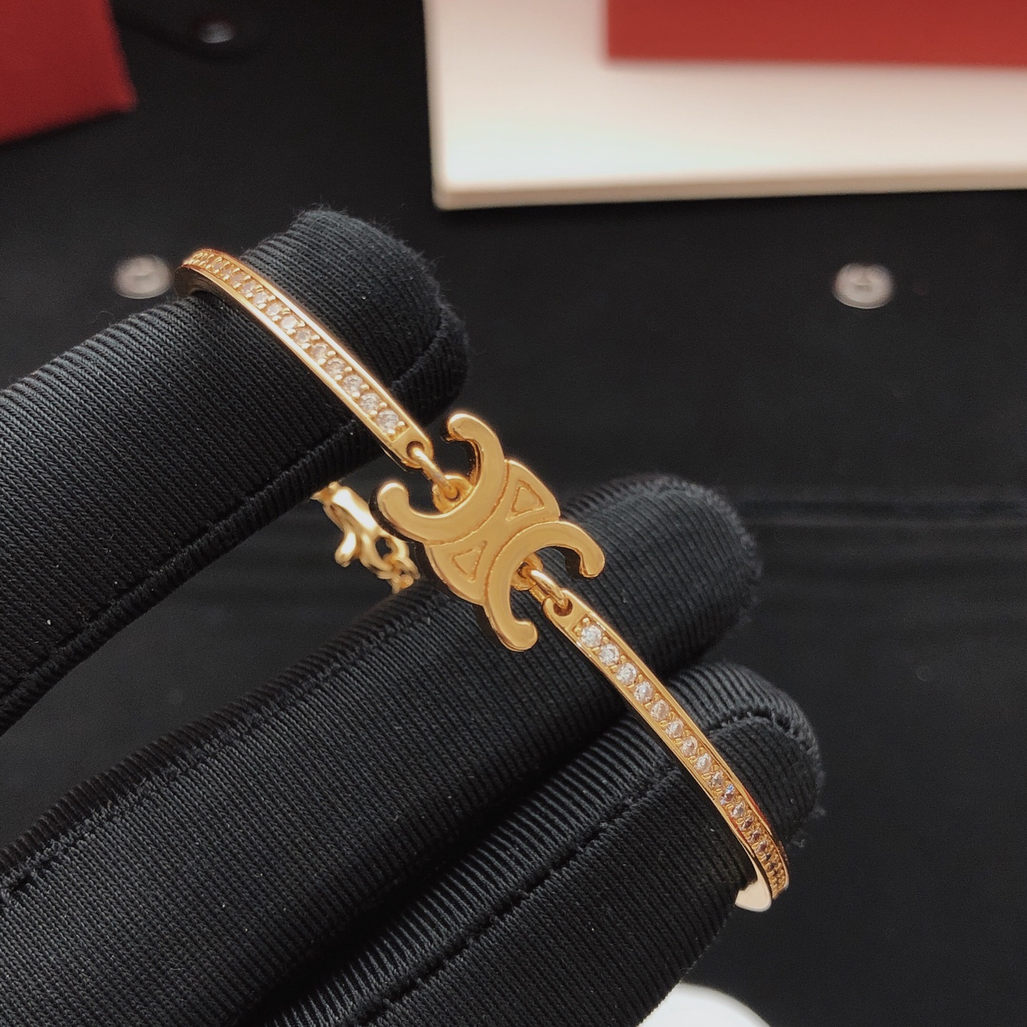 Celine Triomphe bracelet gold-tone metal with clear pave crystals 17cm with 3cm extension chain