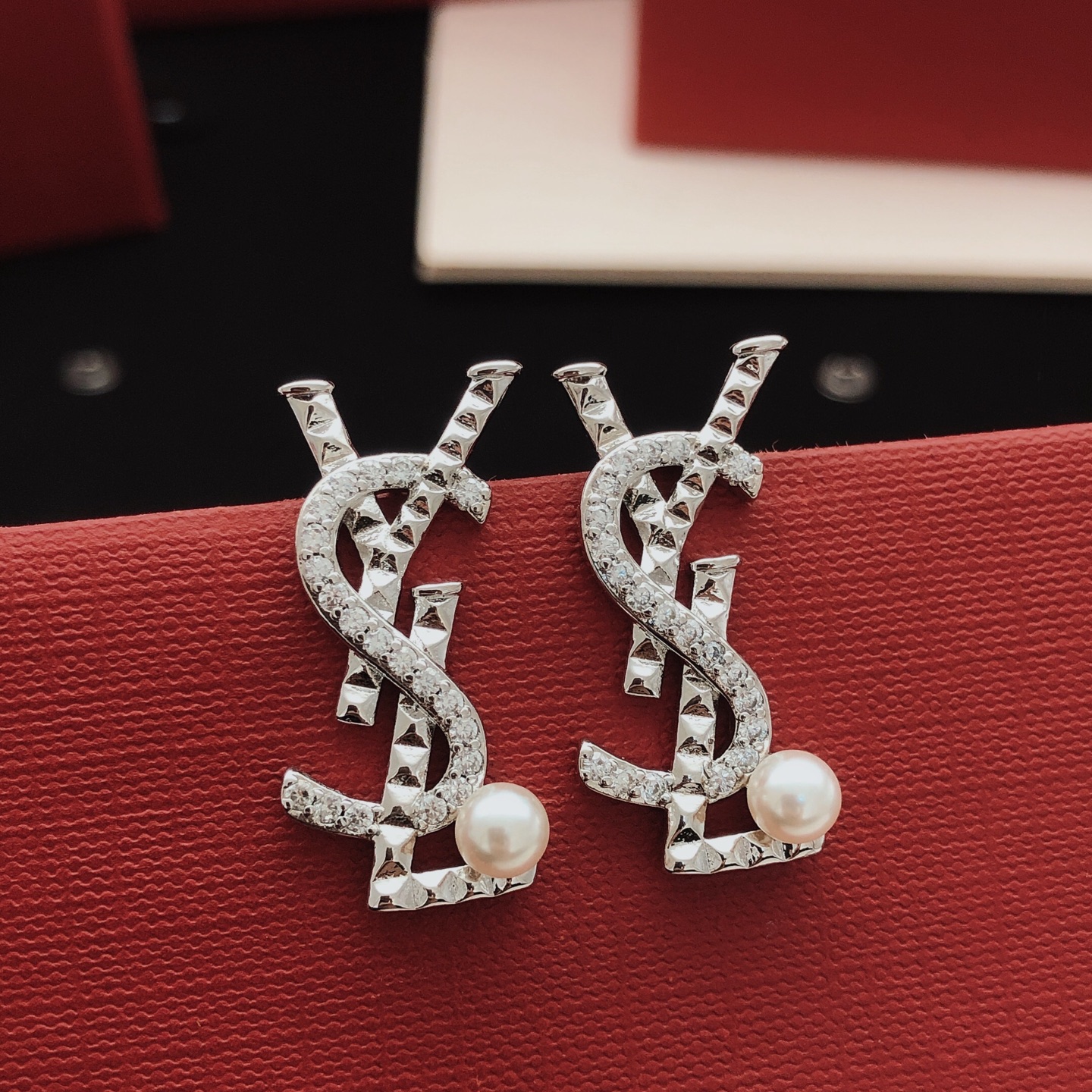 Saint Laurent YSL Monogram Stud Earrings earrings silver-toned metal with clear pave crystals and white pearl accents 2 5cm length