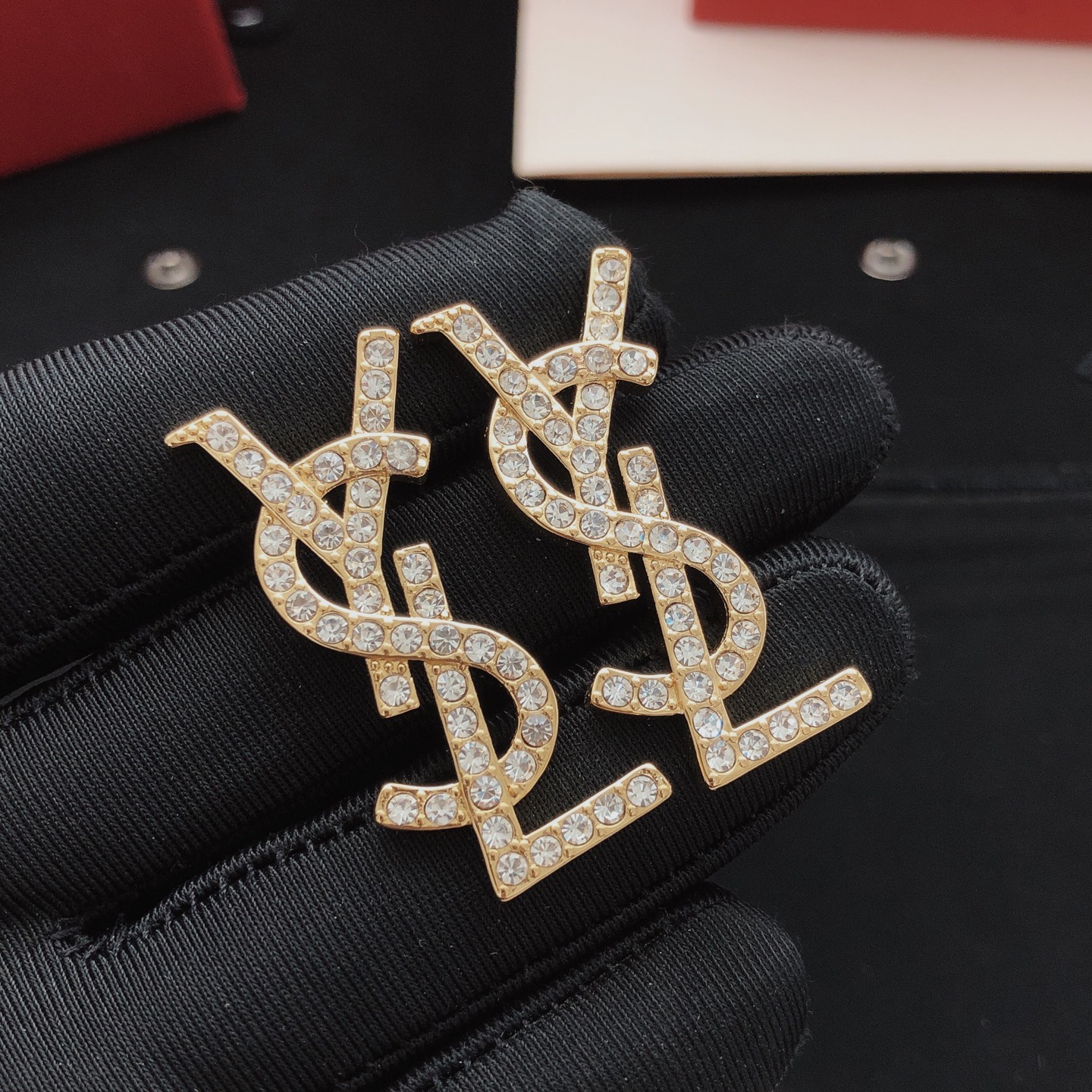 Saint Laurent YED0011 Cassandre Monogram earrings gold-tone metal with clear crystal rhinestones 3cm length