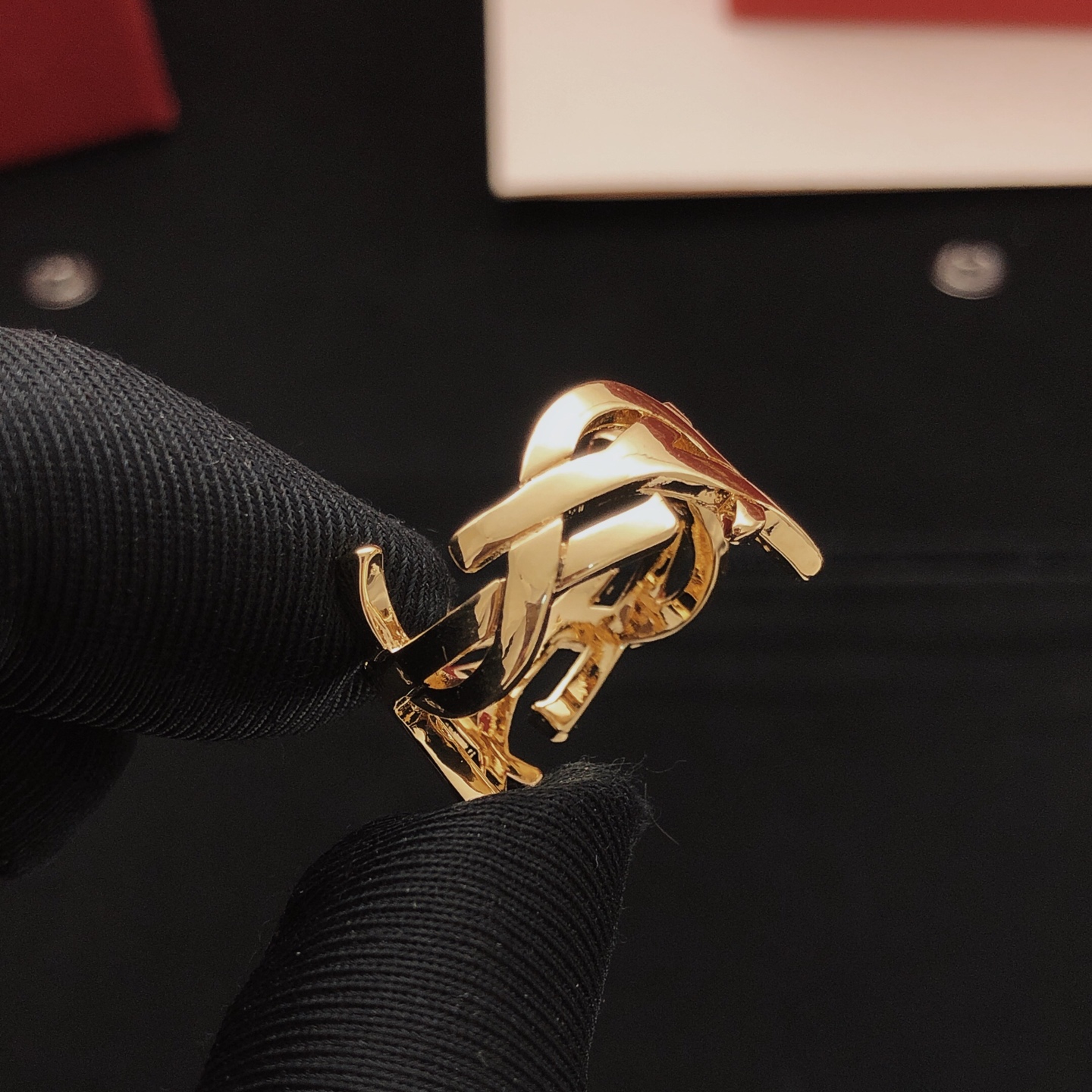 Saint Laurent YSL Monogram earrings gold tone metal no gemstones 1 5cm diameter