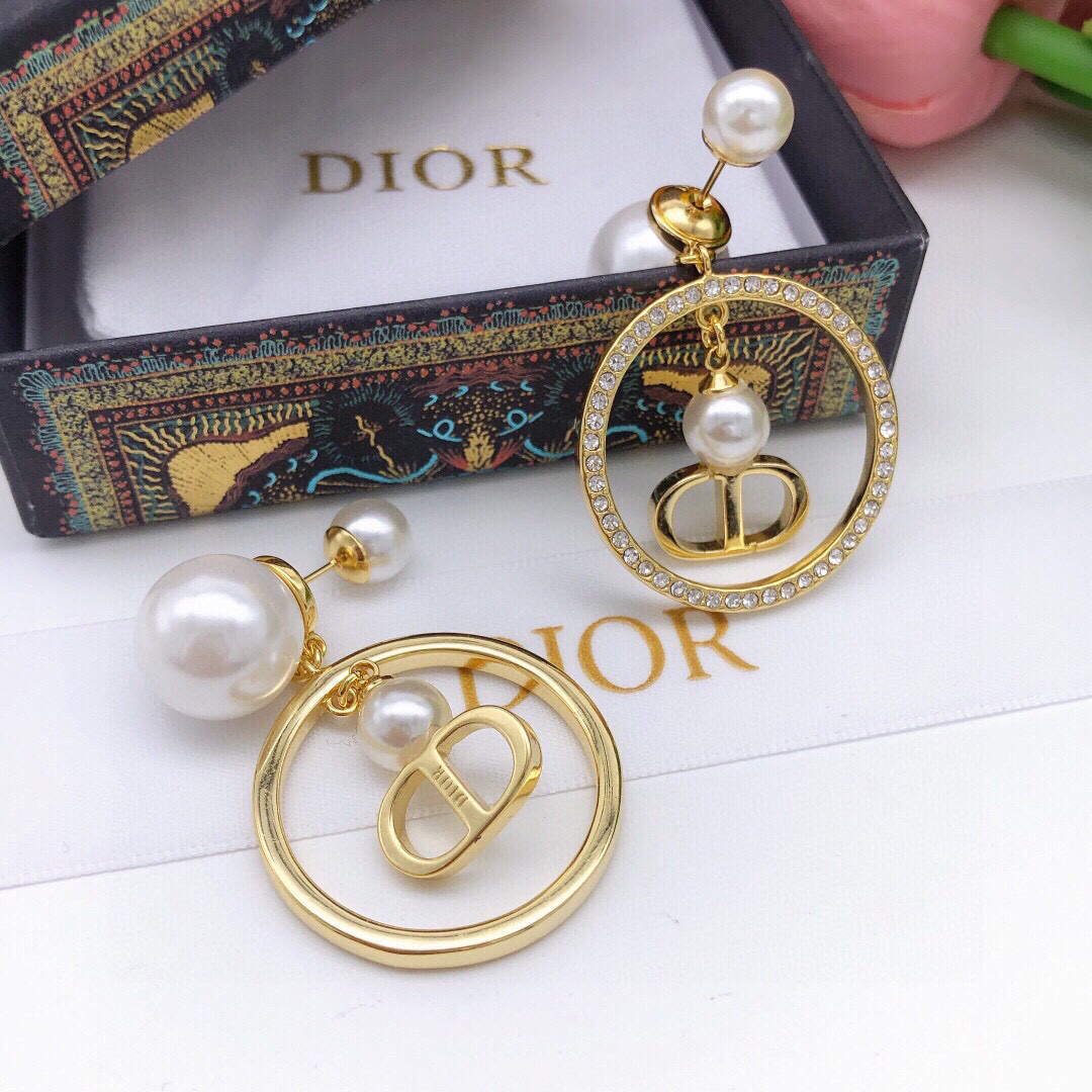 Dior D or 迪奥大小珍珠圆形双珠水钻耳环