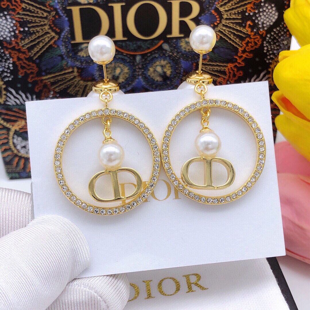 Dior D or 迪奥大小珍珠圆形双珠水钻耳环