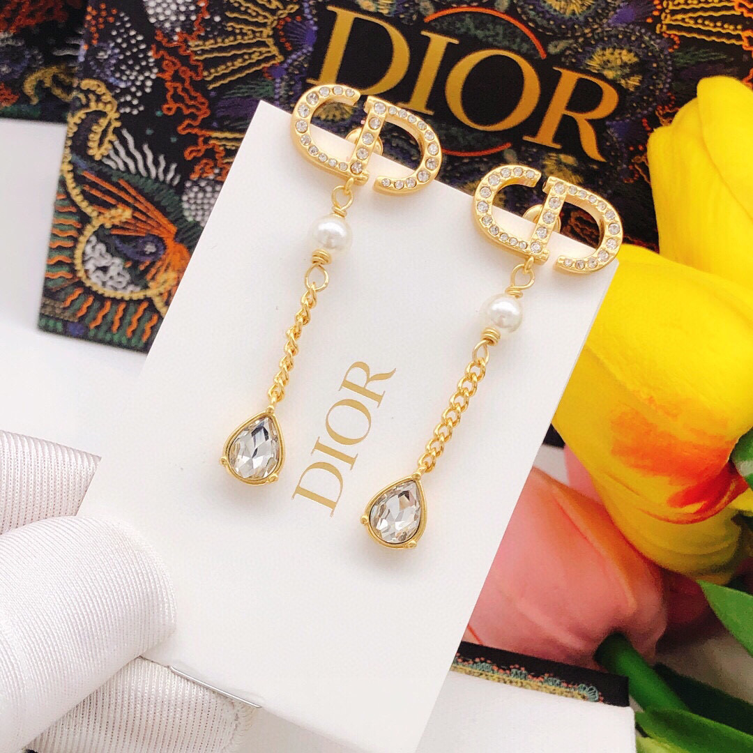 Dior 迪奥流苏滴水镶钻耳钉CD春夏珍珠水钻耳环