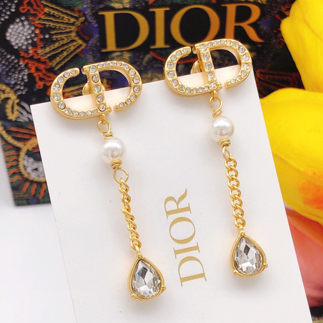Dior 迪奥流苏滴水镶钻耳钉CD春夏珍珠水钻耳环