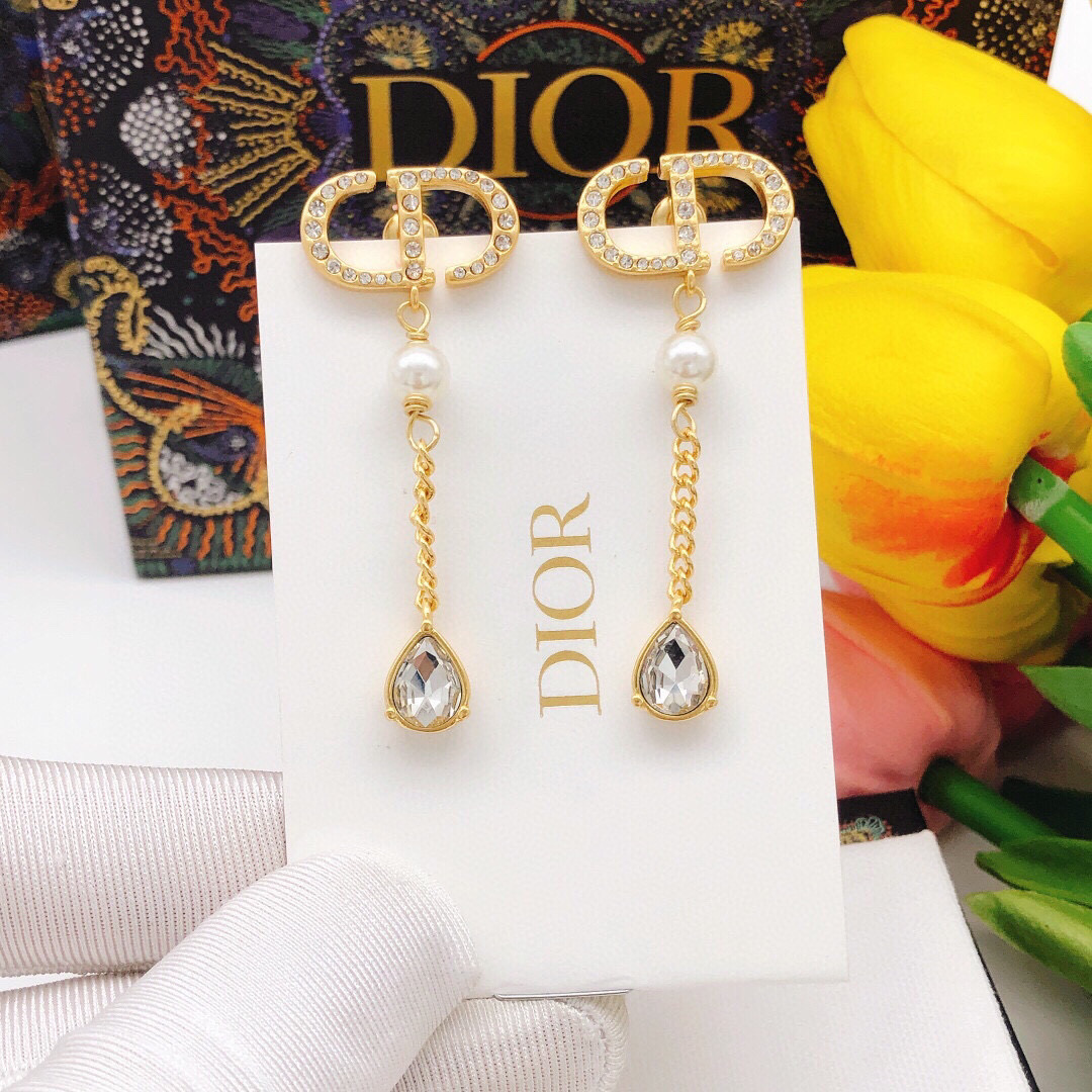 Dior 迪奥流苏滴水镶钻耳钉CD春夏珍珠水钻耳环