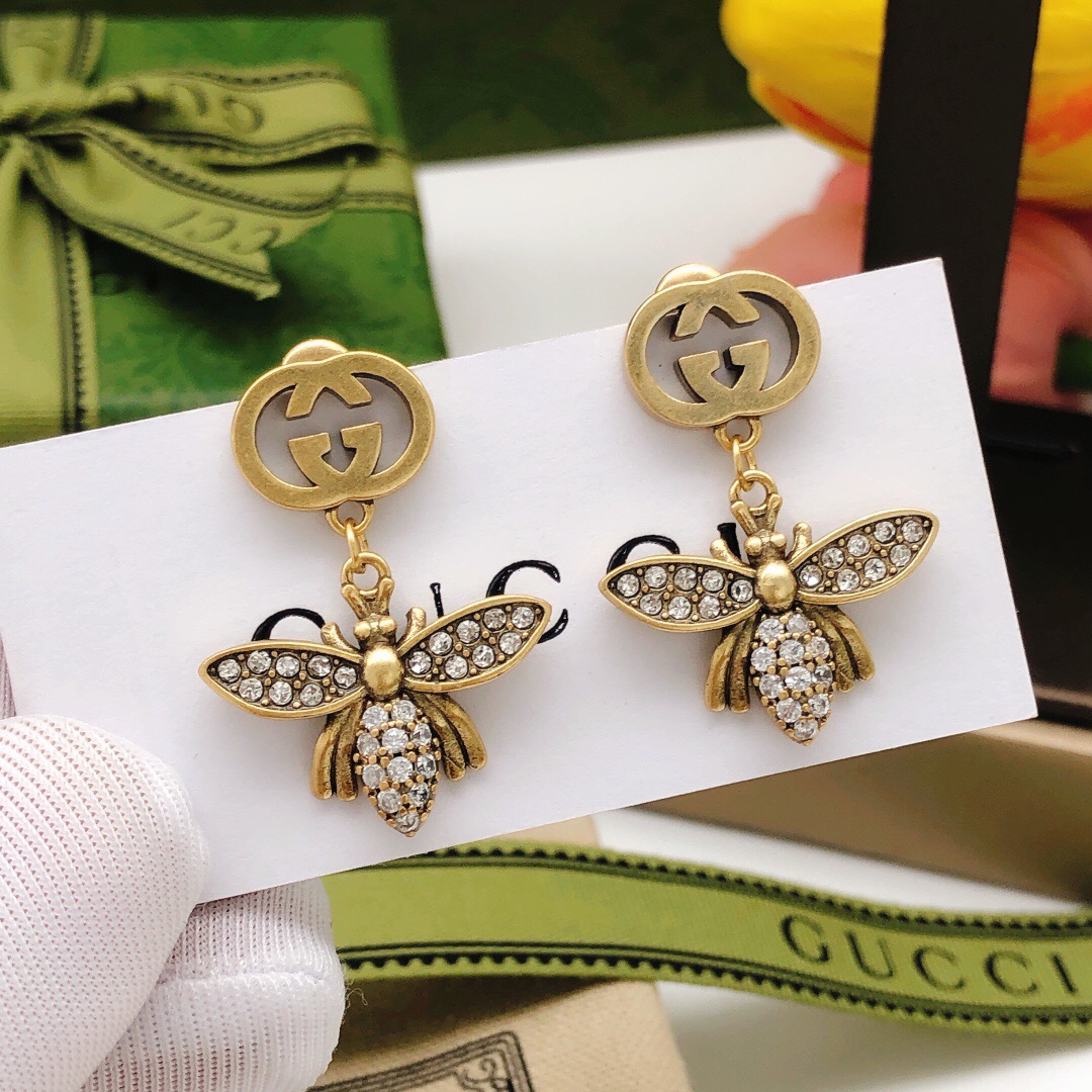 Número GED0037 Pendientes de dos abejitas con diamantes de Gucci
