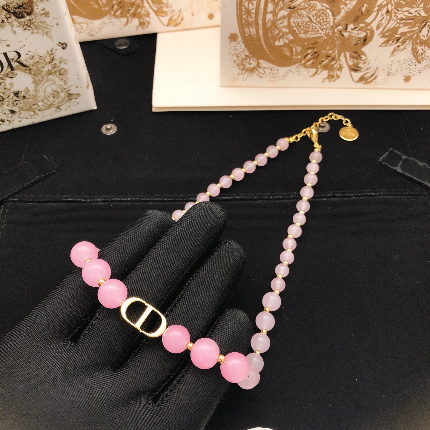 Dior 30 Montaigne Beaded Necklace necklace Gold-tone metal with gradient pink resin beads 42cm with 5cm extender chain