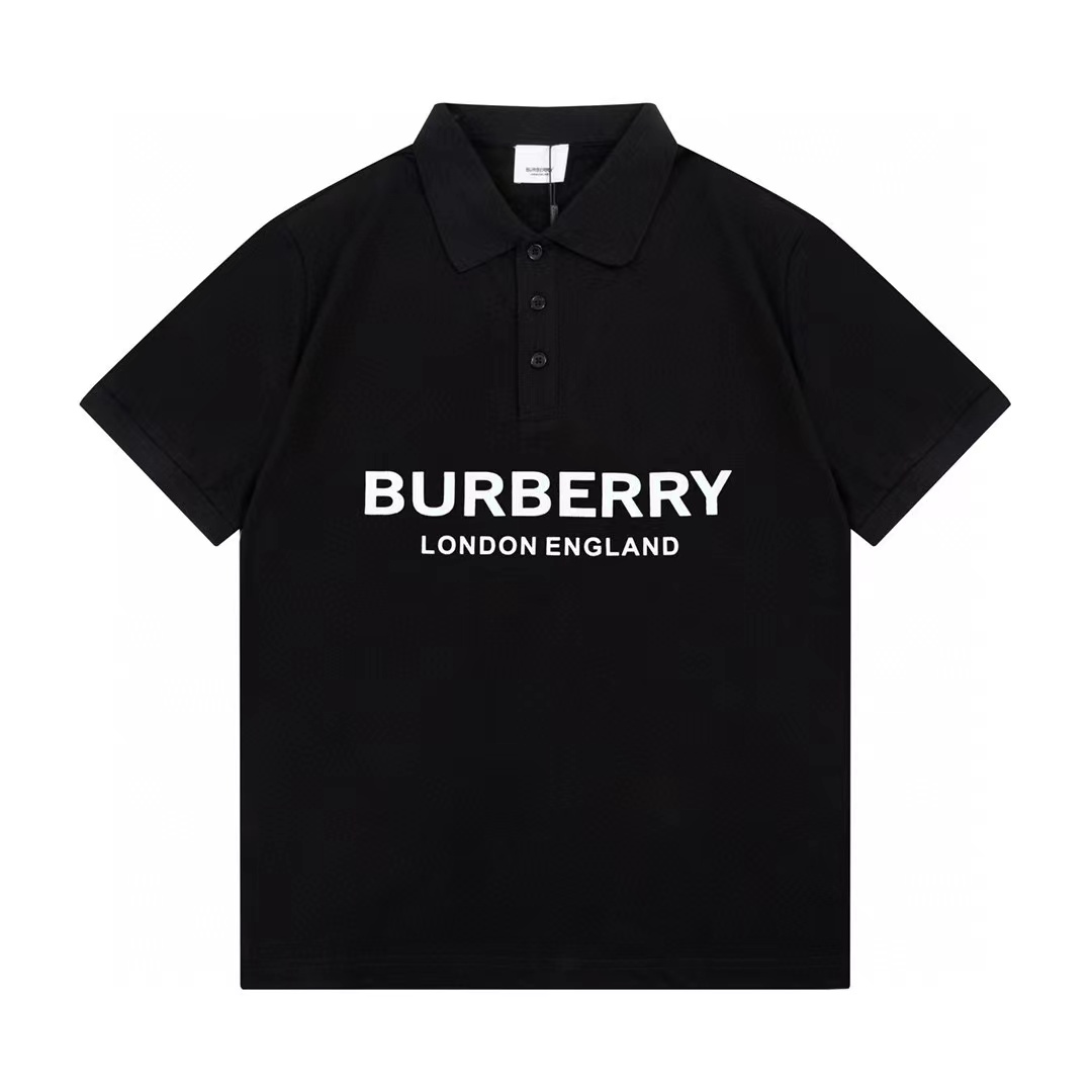 Burberry Kleidung Polo T-Shirt Schwarz Weiß Drucken Baumwolle Netzgewebe Kurzarm