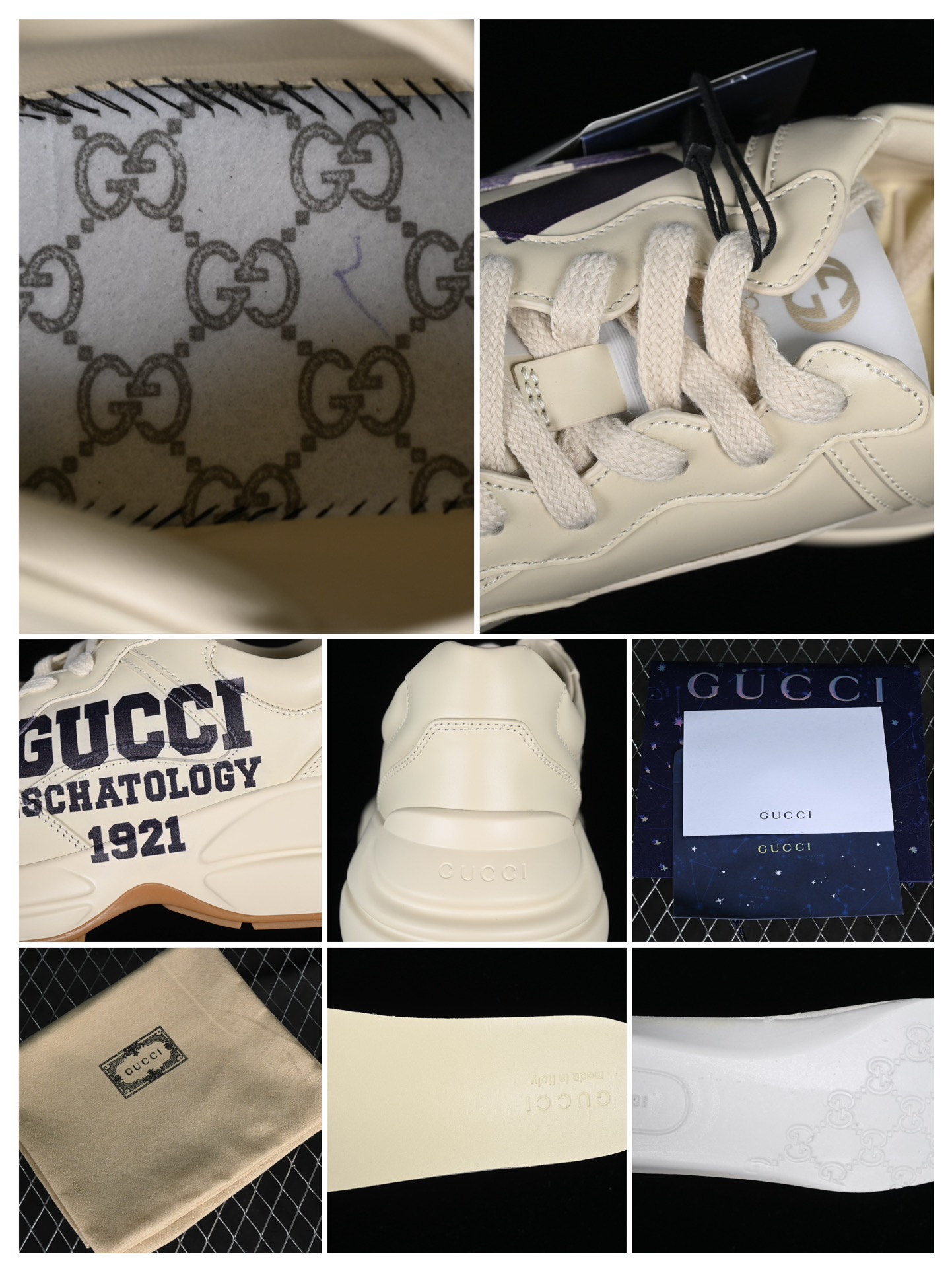 💰600渠道原装订单 Gucci Rhyton Vintage Trainer Sneaker 古驰老爹5D皮革角状复古慢跑鞋 2SH009522
#原装套装配件官方同源 全套专柜包装物及配件 右脚鞋舌和外盒标嵌入核心防伪芯片装置
#意大利手工代工厂原楦 原面小牛皮,内里小羊皮同源出厂定制真丝绸防尘鞋套袋
#原装雪梨形超软沙绒纸团 细节制造精品 专柜一致双透明贴标,尺码+长度。说明书单独贴附在外盒标上
#原装代工底厂数据复模,配比还原度98%,回弹MD中底,加耐磨TPR耐磨外底(抗磨缓震)
尺码:35 36 37 38 39 40 41 42 43 44 MBJ0