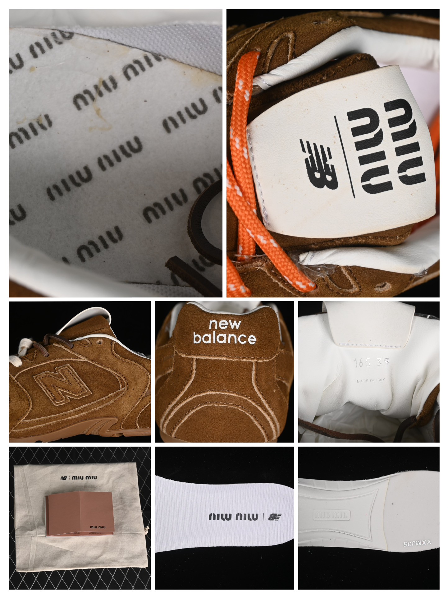 💰380纯原
MiuMiu x New Balance 530系列 意大利奢侈品牌/缪缪联名款低帮经典复古休闲运动慢跑 38165深咖色
#鞋款采用解构和轻盈的设计，彷旧的布料包覆着 New Balance 530的轮廓，刻意磨损、不均匀的皮革色调，让波鞋多了不同的个性 这款联名鞋款配有双鞋带设计，包括白色、橙色、棕色和黄色鞋带，营造出随性系起的感觉，为整体感又多了几分 Boyish 以及率性感
尺码：35 36 37 37.5 38 38.5 39.5 40 40.5 41.5 42 42.5 43.5 44 AJE5
