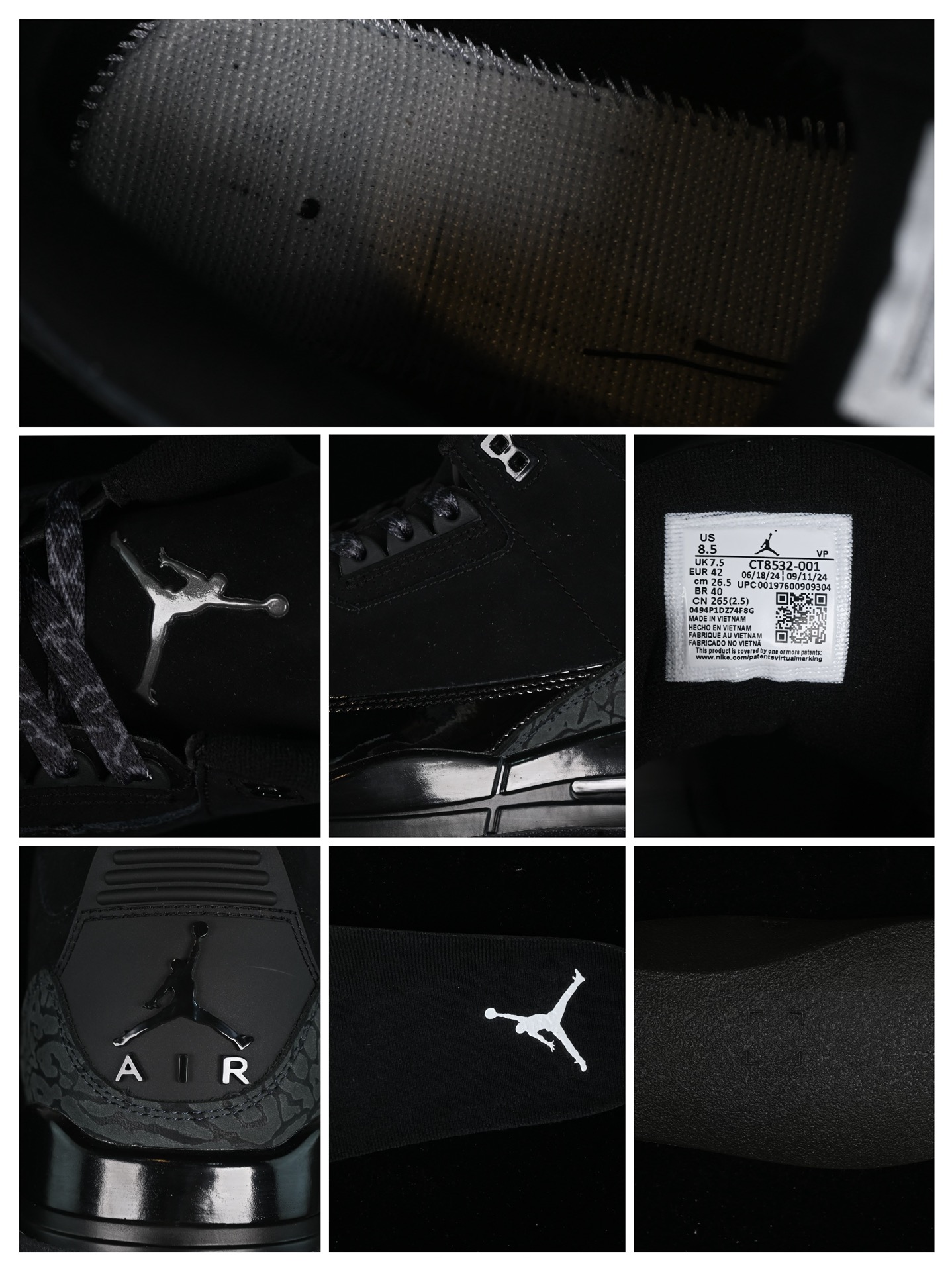 💰480顶级
Air Jordan 3 Retro AJ3 乔3午夜黑 复古篮球鞋 CT8532-001
#大厂出品 原楦原纸板 客供原厂材料开发 极致一眼正品既视感 细节如图所
尺码：36 36.5 37.5 38 38.5 39 40 40.5 41 42 42.5 43 44 44.5 45 46 47.5 B.G7
