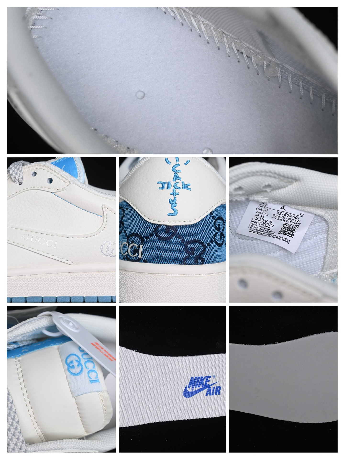 💰280公司级💰380纯原
 Travis Scott x Fragment Design x Air Jordan 1 Low OG SP AJ1 乔1 古驰联名-白蓝花纹 低帮文化休闲板鞋 XZ1658-001
#多方联名合作融合了Travis Scott 独特的音乐风格，藤原浩个性的设计风格以及Jordan品牌的经典元素 使其成为一双具有独特身份和价值的鞋子 清新而立体的外观加上联名标识更突出了其独特身份 这种配色方案显示出活力和时尚感 在视觉上引人注目  鞋身的质感和细腻的细节处理使其显得高端而格调十足  这款“倒钩”联名是设计与创意完美结合 融合多方的个性风格是一款备受瞩目的潮流鞋款
尺码：36 36.5 37.5 38 38.5 39 40 40.5 41 42 42.5 43 44 44.5 45 9.E5