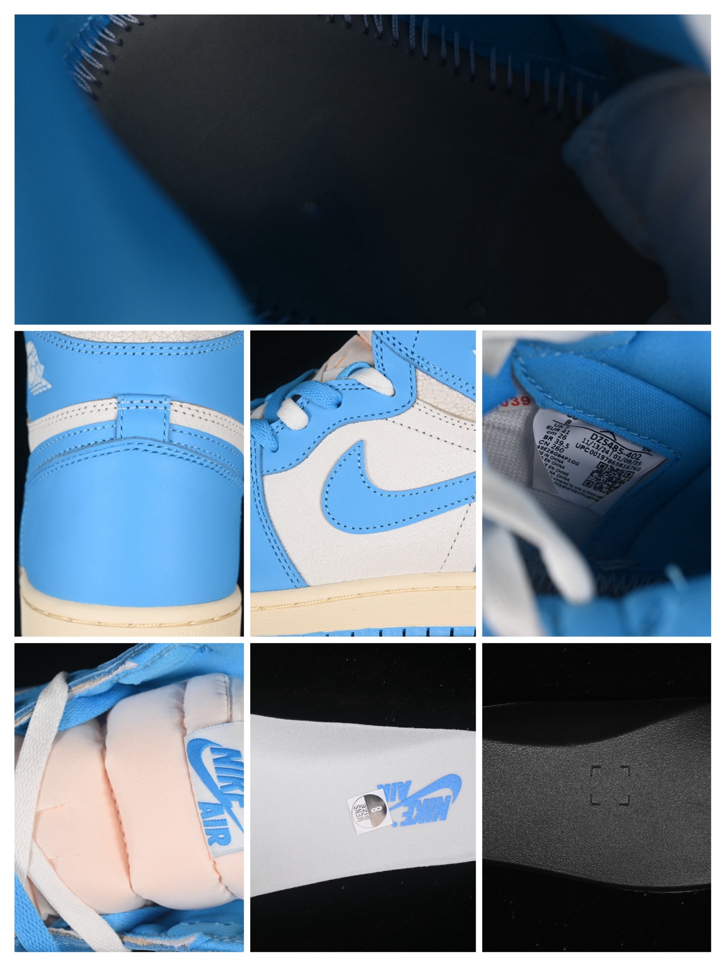 💰480顶级
 Air Jordan 1 High OG "UNC Reimagined" AJ1 乔1做旧北卡蓝 DZ5485-402
#大厂出品 原楦原纸板 细节如图所 客供原厂材料开发 极致一眼正品既视感 细节如图所示
尺码：36 36.5 37.5 38 38.5 39 40 40.5 41 42 42.5 43 44 44.5 45 46 47.5 B.G7