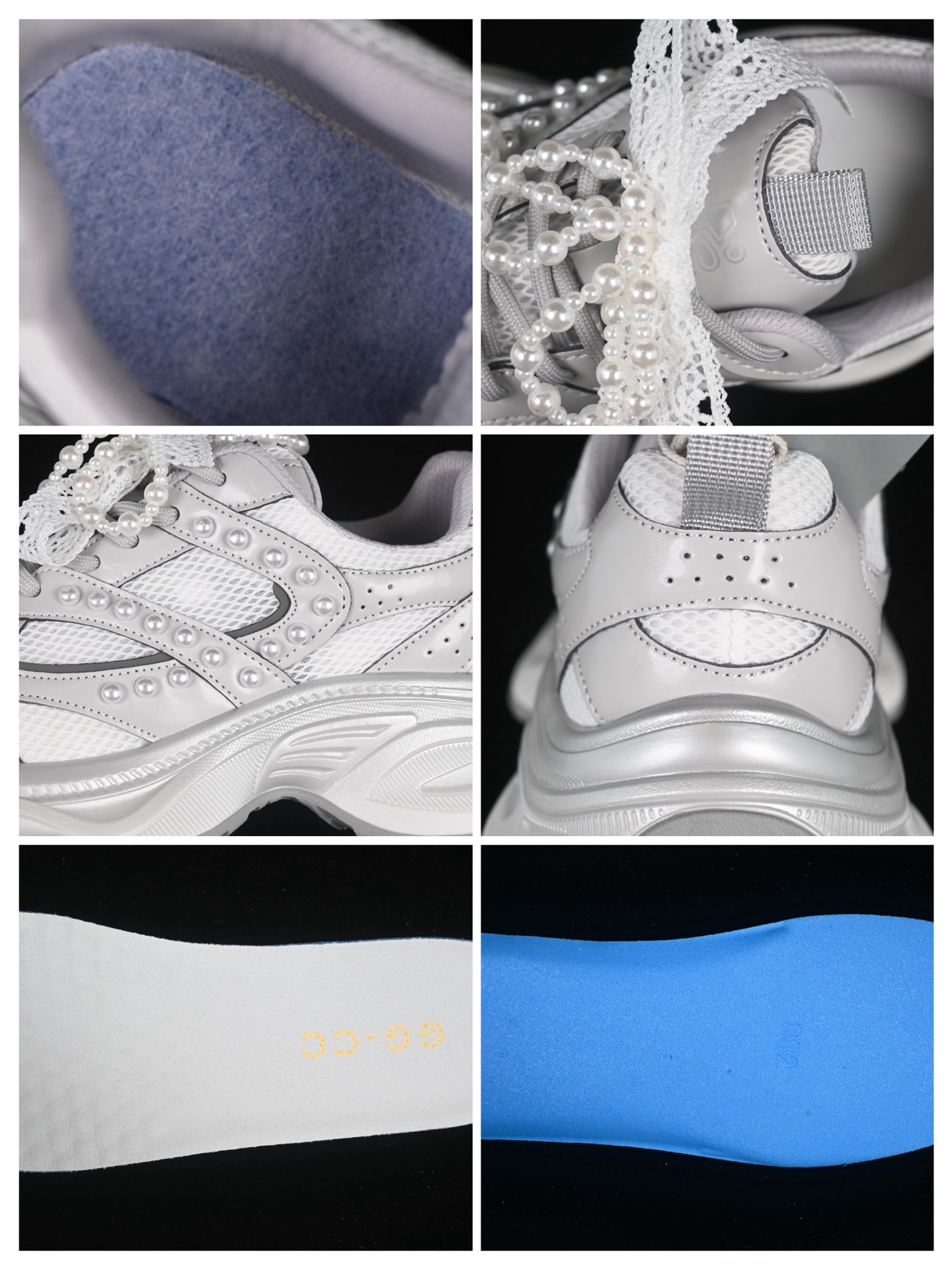 💰260纯原
 GG-CC 蕾丝珍珠链 休闲厚底老爹鞋 250310银色
#广东大厂出品 完美细节 25ss春季新款 大长腿 时髦look轻松定格 不费力展现率性氛围 轻便舒适百搭 不管怎么搭都敲好看~
尺码：35 36 37 38 39 40 MBD4