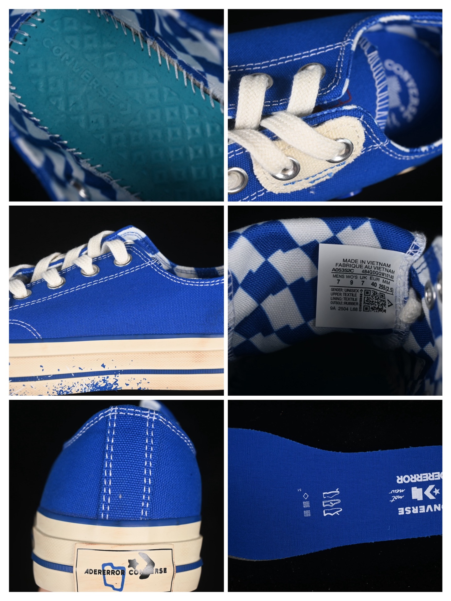 💰160纯原
Ader Error x Converse 联名款低帮休闲板鞋 A05352C
#蓝色帆布鞋面搭配帆布覆层，特殊图案印花衬里，抛光做旧效果鞋边胶条和鞋头，右鞋头印有“the new”，左鞋头印有“not new”，鞋垫印有联名款标志，特殊定制版联名款后跟标，透明大底可见 ADER ERROR 的标志性蓝色图案，可替换鞋带印有 ADER ERROR 标志性篮色图案。
尺码：35 36 36.5 37 37.5 38 39 39.5 40 41 41.5 42 42.5 43 44 M.C3