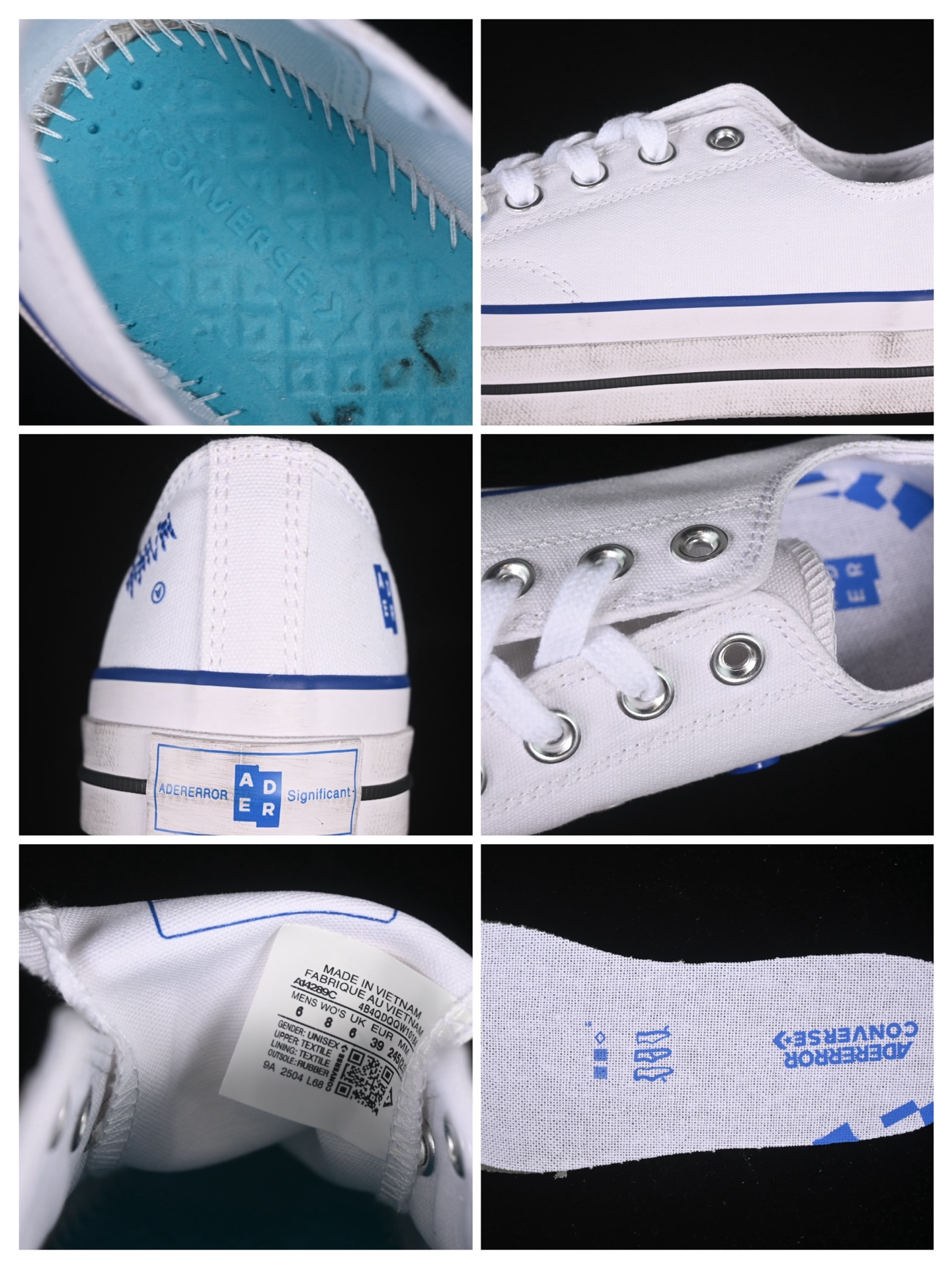 💰160纯原
Ader Error x Converse 联名款低帮休闲板鞋 A14289C
#白色帆布鞋面搭配帆布覆层，特殊图案印花衬里，抛光做旧效果鞋边胶条和鞋头，右鞋头印有“the new”，左鞋头印有“not new”，鞋垫印有联名款标志，特殊定制版联名款后跟标，透明大底可见 ADER ERROR 的标志性白色图案，可替换鞋带印有 ADER ERROR 标志性白色图案。
尺码：35 36 36.5 37 37.5 38 39 39.5 40 41 41.5 42 42.5 43 44 M.C3