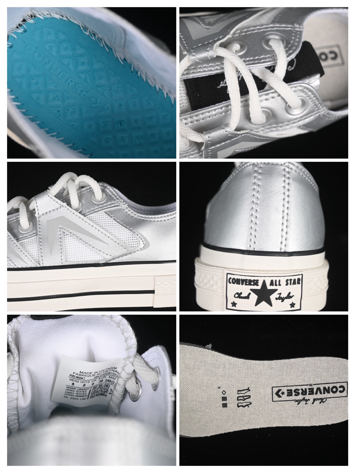 💰160纯原
 Converse Chuck 1970s 匡威官方新款 未来银低帮休闲板鞋 A15188C
#银白光泽邂逅潮流型格，尽显独特魅力。低帮款简约随性，日常搭配轻松出彩；高帮款酷感升级，包裹脚踝更具街头范。鞋面材质拼接精巧，线条利落，经典橡胶鞋底，复古韵味与舒适脚感兼具，无论是漫步街头还是活力出街，都能助你成为焦点。
尺码：35 36 36.5 37 37.5 38 39 39.5 40 41 41.5 42 42.5 43 44 M.C3