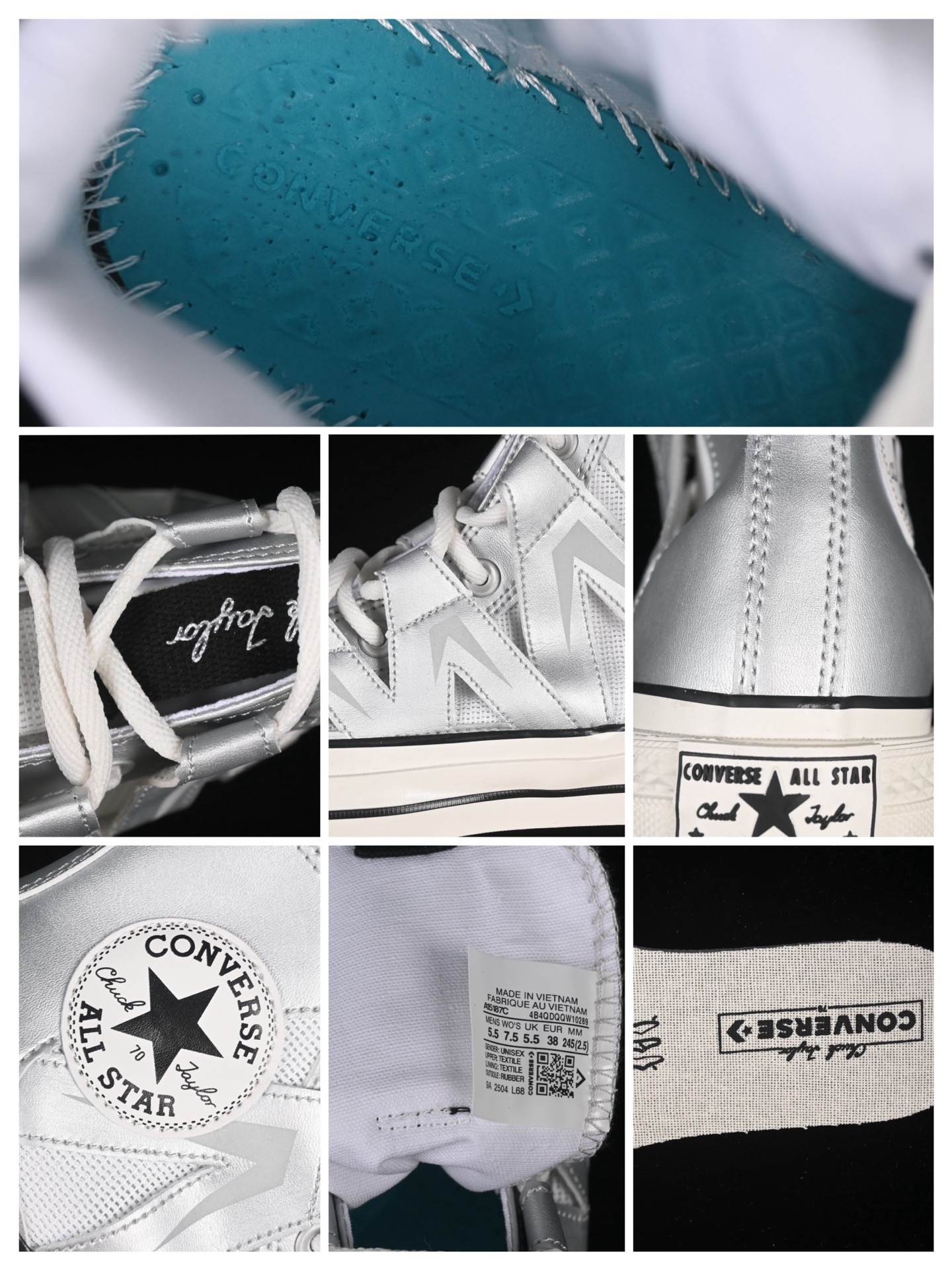 💰160纯原
 Converse Chuck 1970s 匡威官方新款 未来银高帮休闲板鞋 A15187C
#银白光泽邂逅潮流型格，尽显独特魅力。低帮款简约随性，日常搭配轻松出彩；高帮款酷感升级，包裹脚踝更具街头范。鞋面材质拼接精巧，线条利落，经典橡胶鞋底，复古韵味与舒适脚感兼具，无论是漫步街头还是活力出街，都能助你成为焦点。
尺码：35 36 36.5 37 37.5 38 39 39.5 40 41 41.5 42 42.5 43 44 M.C3