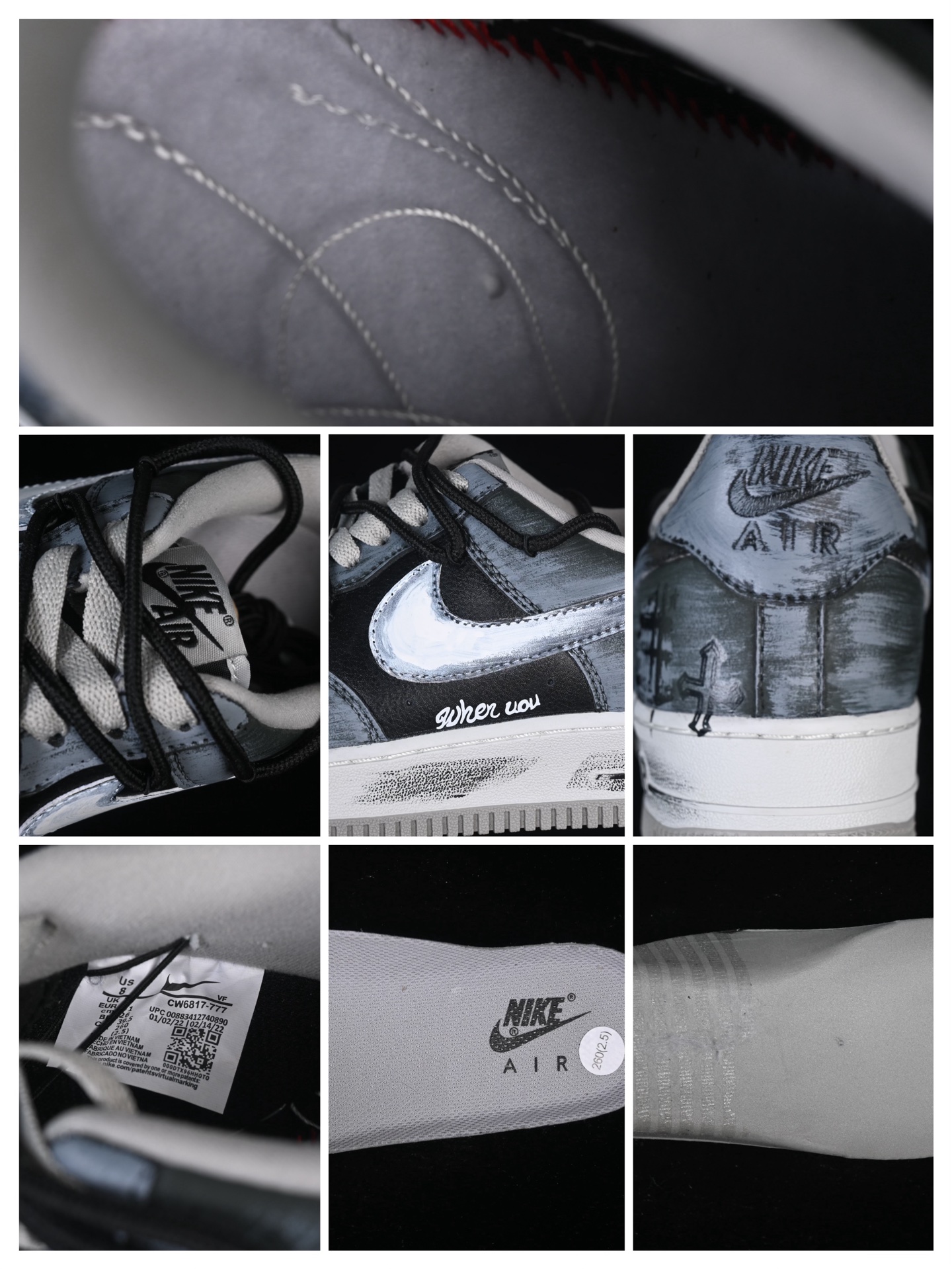 💰300纯原
 Nike Air Force 1'07 Low "Ink Stained Skeleton" 手绘涂鸦 墨痕骷髅 空军一号低帮休闲板鞋 CW6871-777
#鞋身以层次分明的灰白黑铺陈，像是被雾霭晕染的旧墙—鞋头的“Faith”暗纹藏着隐晦情绪，鞋侧那枚带触须的骷髅涂鸦，混着潦草笔迹的“when uou”，把叛逆气揉进了斑驳墨痕里。就连标志性的Swoosh都裹着做旧笔触，鞋底的“Air”标识也沾了灰调晕染，像是刚从街头涂鸦现场走出来
尺码：36 36.5 37.5 38 38.5 39 40 40.5 41 42 42.5 43 44 44.5 45 9.D4
