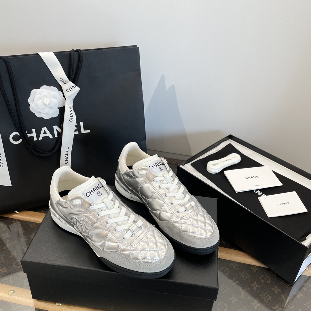 Chanel Shoes Sneakers Black Silver White Splicing Calfskin Cotton Cowhide Lambskin Mercerized Oil Wax Leather Sheepskin TPU Spring/Summer Collection