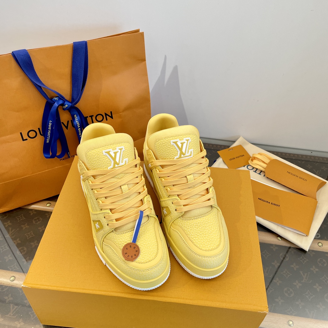 Louis Vuitton Schoenen Sportschoenen Groen Citroengegeel Geel Lycheepatroon Unisex Vrouwen Mannen Kalfsleer Koeienhuid TPU Joggingbroek