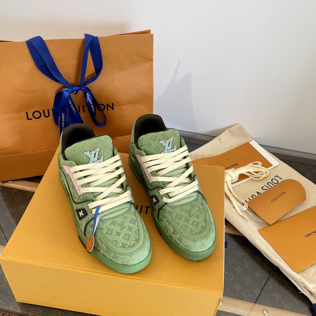 Louis Vuitton Schoenen Skateboardschoenen Blauw Groen Afdrukken Unisex Vrouwen Mannen Kalfsleer Chamois Koeienhuid TPU Joggingbroek