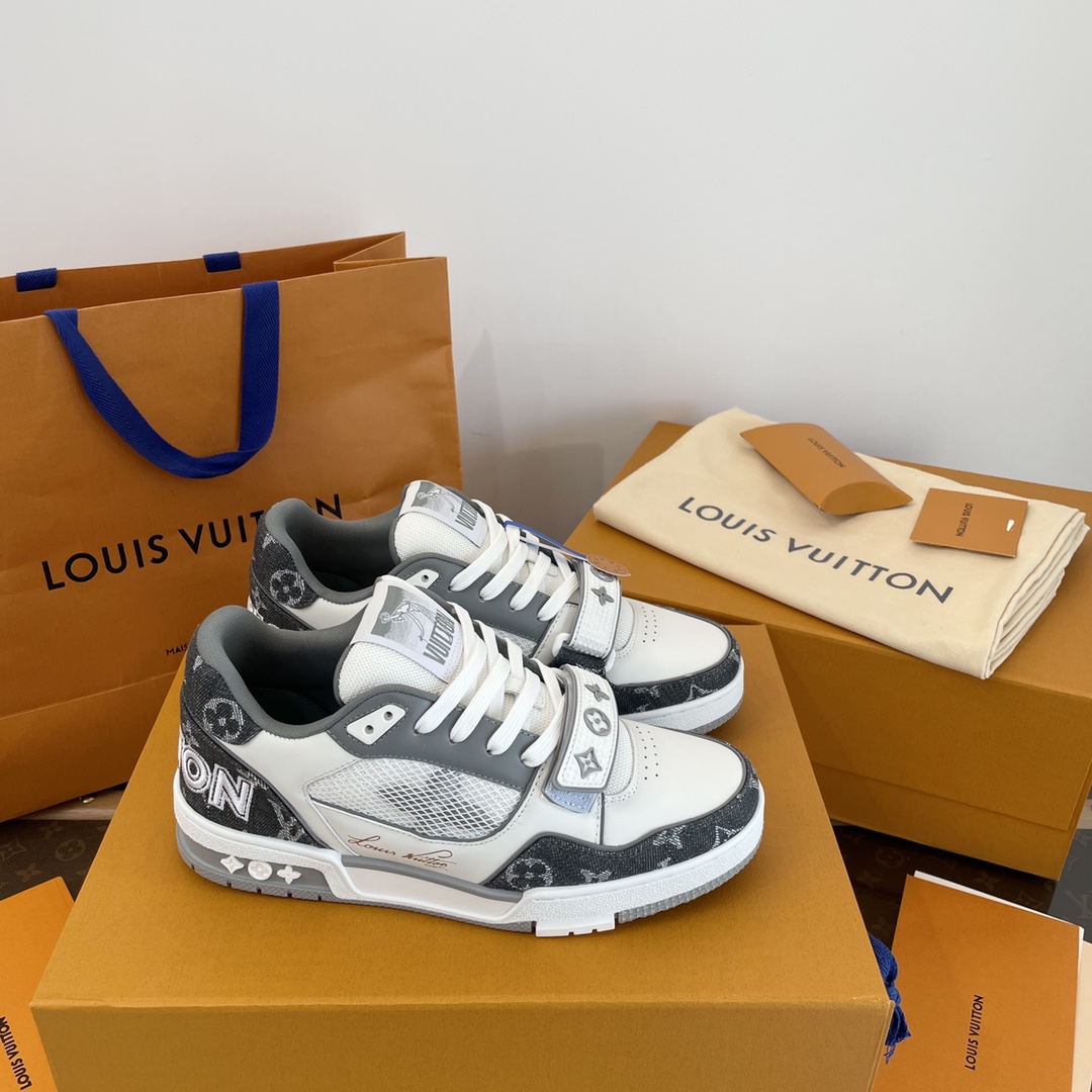 Louis Vuitton Trainer Denim Sneakers, Gray, Hook and Loop Closure, Unisex